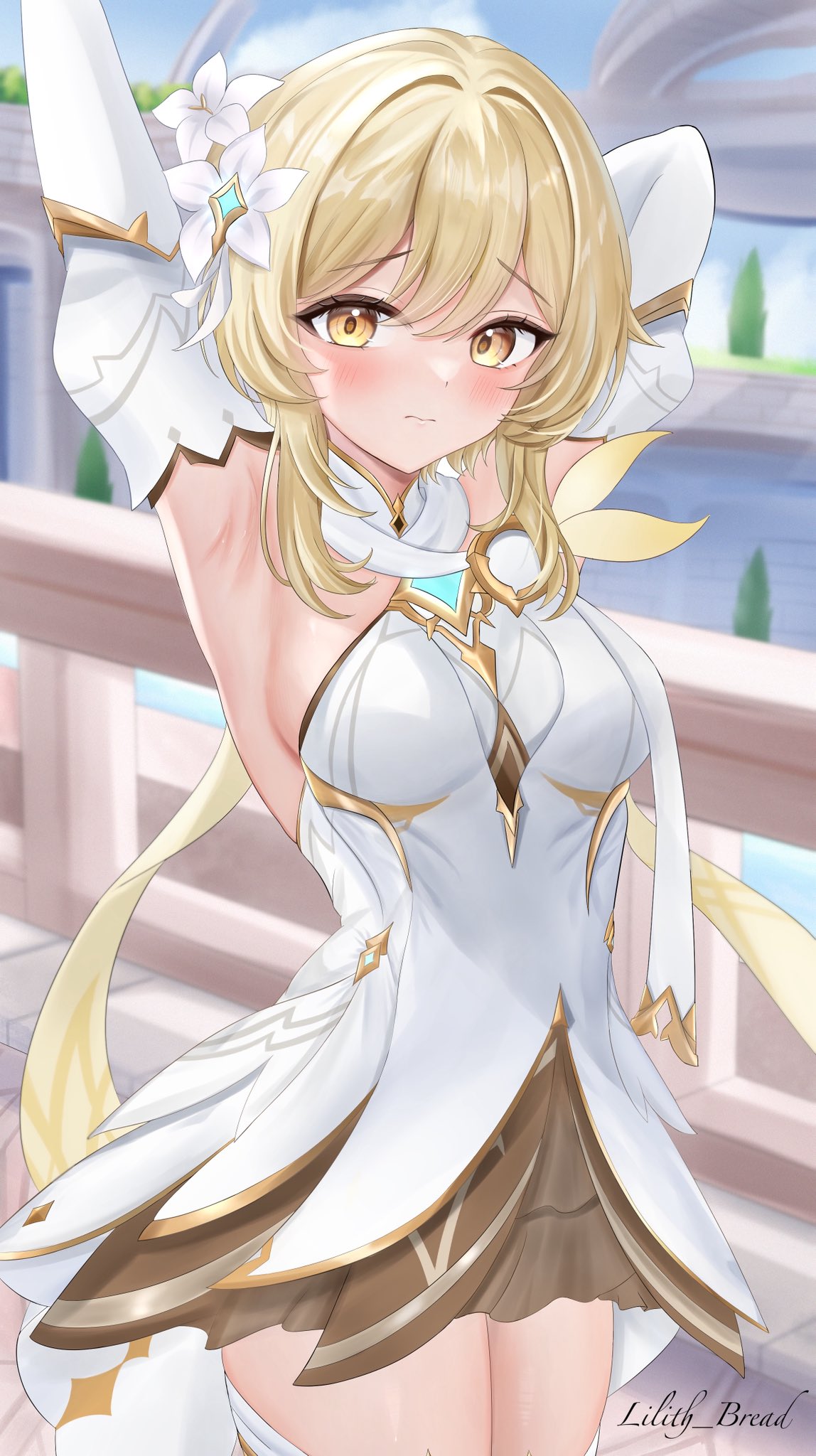 lilith shall, lumine (as heaven and earth are made anew) (genshin impact), lumine (genshin impact), genshin impact, commentary request, highres, 1girl, armpits, backless dress, backless outfit, blonde hair, blush, breasts, closed mouth, detached sleeves, dress, flower, hair flower, hair ornament, large breasts, official alternate costume, short hair with long locks, solo, thighhighs, thighs, white dress, white flower, white sleeves