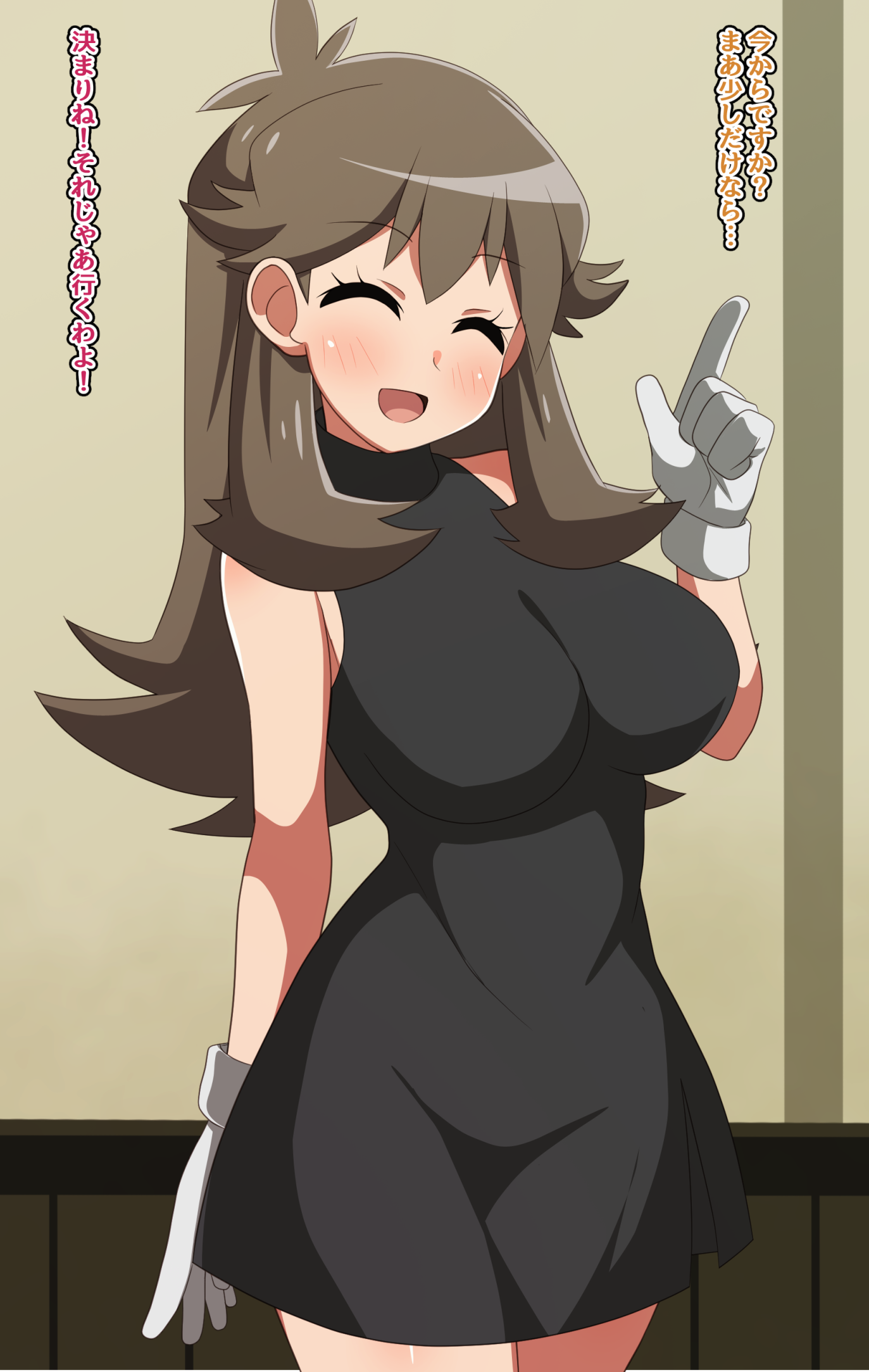 yugo-eti, leaf (pokemon), nintendo, pokemon, pokemon rgby, 1girl, black dress, breasts, brown hair, dress, gloves, large breasts