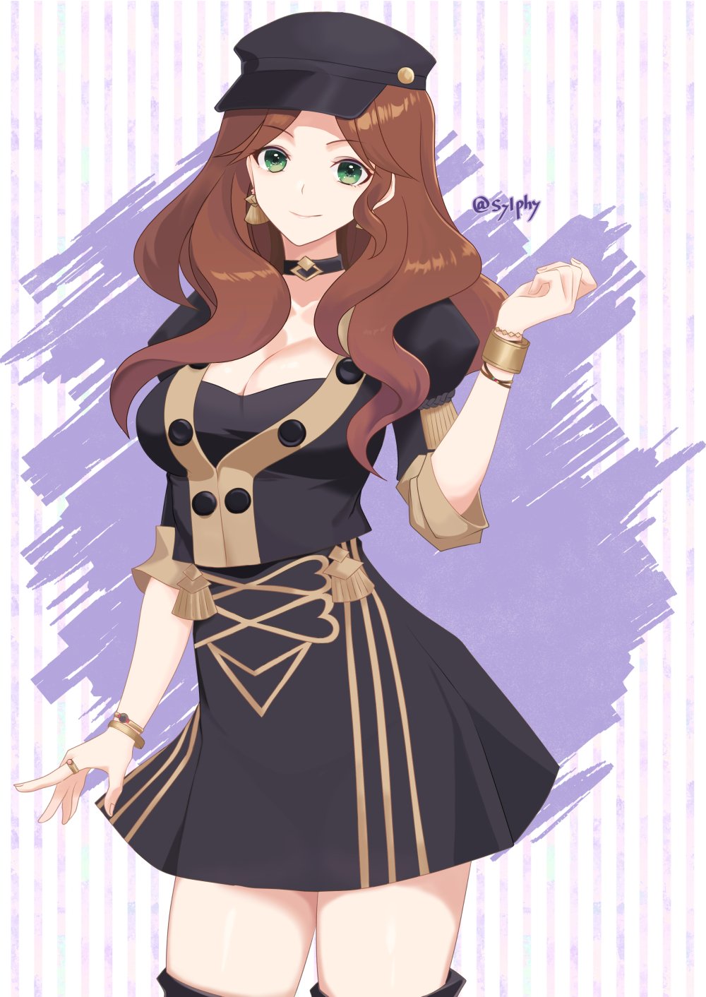 sylphy fe, dorothea arnault, fire emblem, fire emblem: three houses, nintendo, 1girl, bracelet, breasts, brown hair, choker, cleavage, earrings, garreg mach monastery uniform, green eyes, hat, jewelry, large breasts, long hair, looking at viewer, ring, skirt, solo, thighhighs