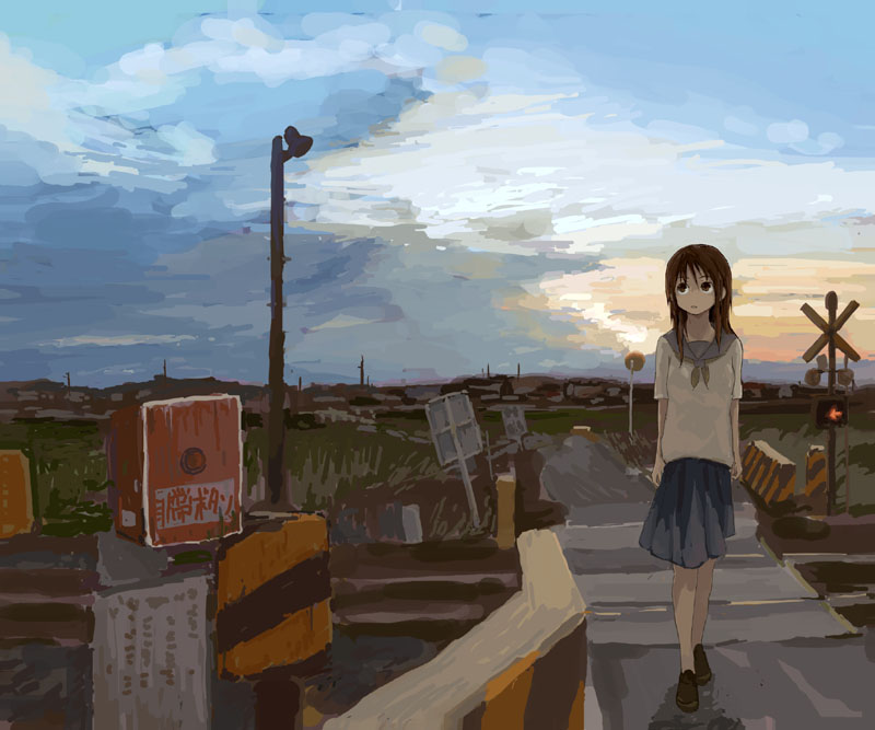 noji, tommy (chou shindou boots), 1girl, black eyes, brown hair, cloud, day, female focus, full body, long hair, outdoors, railroad crossing, railroad tracks, scenery, school uniform, sky, solo, walking