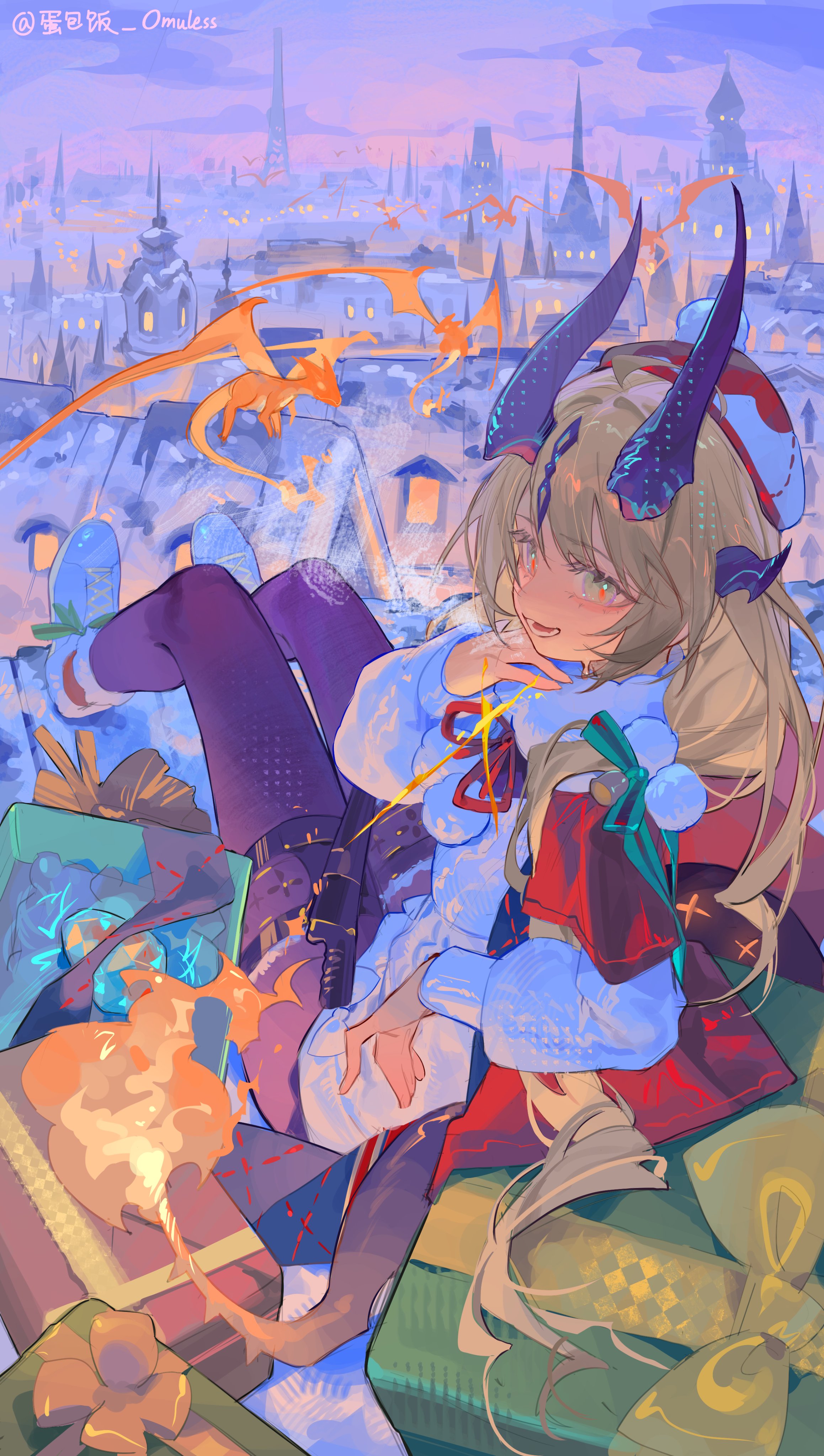 danbaofan omuless, arknights, character request, 1girl, black pantyhose, box, christmas, city, gift, gift box, horns, pantyhose, santa costume, sitting