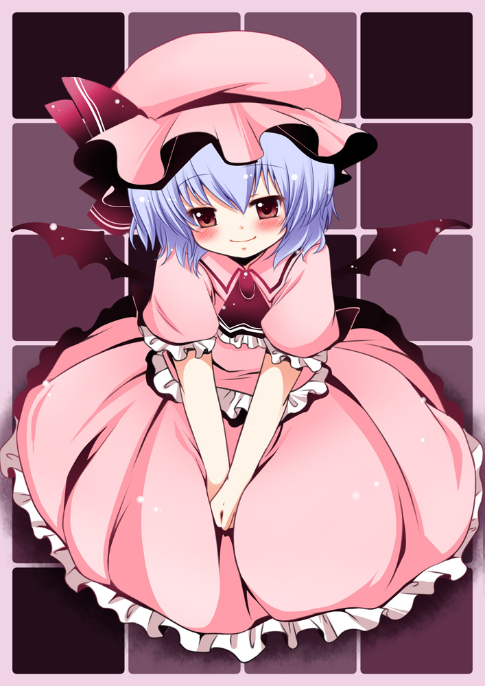 irori, remilia scarlet, touhou, bad id, bad pixiv id, 1girl, blue hair, blush, female focus, solo, wings