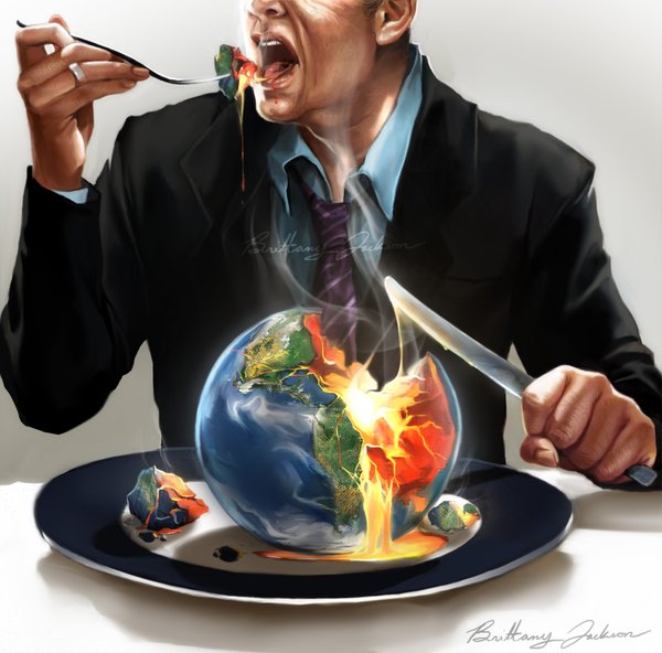 liol, earth (planet), eating, epic, food, fork, formal clothes, knife, lava, planet, plate, satire, social commentary