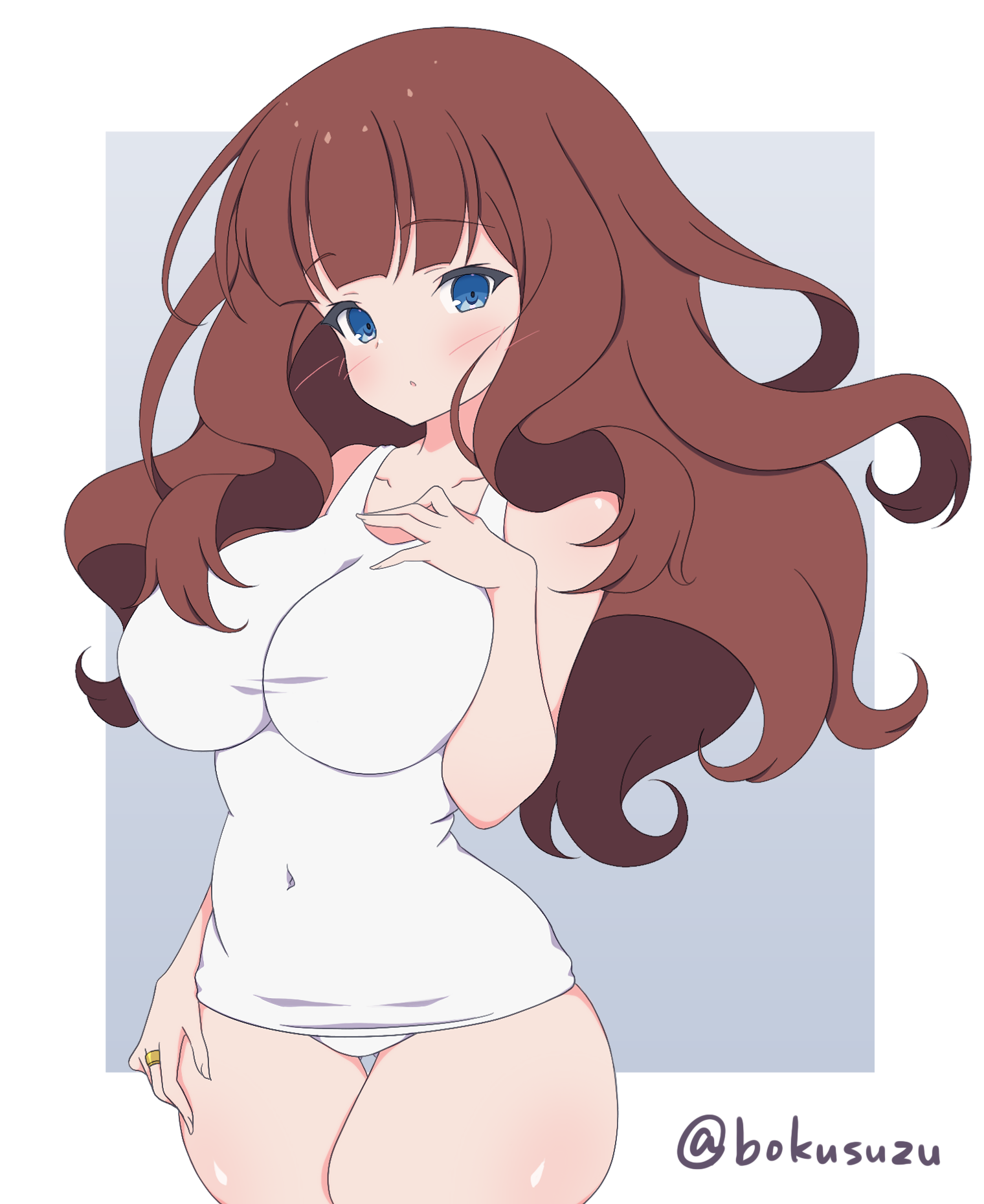 misaki naoe, kaede johan nouvel, assault lily, commentary, highres, 1girl, bare arms, bare shoulders, blue eyes, blunt bangs, blush, border, breast suppress, breasts, brown hair, collarbone, covered navel, cowboy shot, grey background, hand on own thigh, hand up, jewelry, large breasts, long hair, looking at viewer, one-piece swimsuit, outside border, parted lips, ring, school swimsuit, sidelocks, simple background, solo, standing, swimsuit, thigh gap, twitter username, wavy hair, white border, white one-piece swimsuit