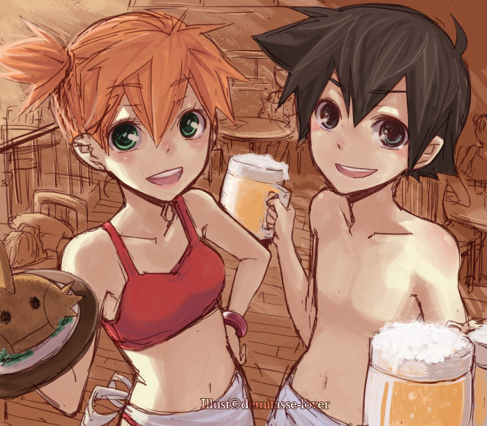 demitasse-lover, ash ketchum, misty (pokemon), mudkip, nintendo, pokemon, pokemon (anime), 1boy, 1girl, alcohol, apron, bare shoulders, beer, bikini, black hair, bracelet, child, food, gen 3 pokemon, green eyes, grey eyes, hand on own hip, hip focus, jewelry, midriff, navel, no headwear, open mouth, orange hair, party, pokemon (creature), restaurant, short hair, side ponytail, smile, swimsuit, tank top, topless male, tray, waitress