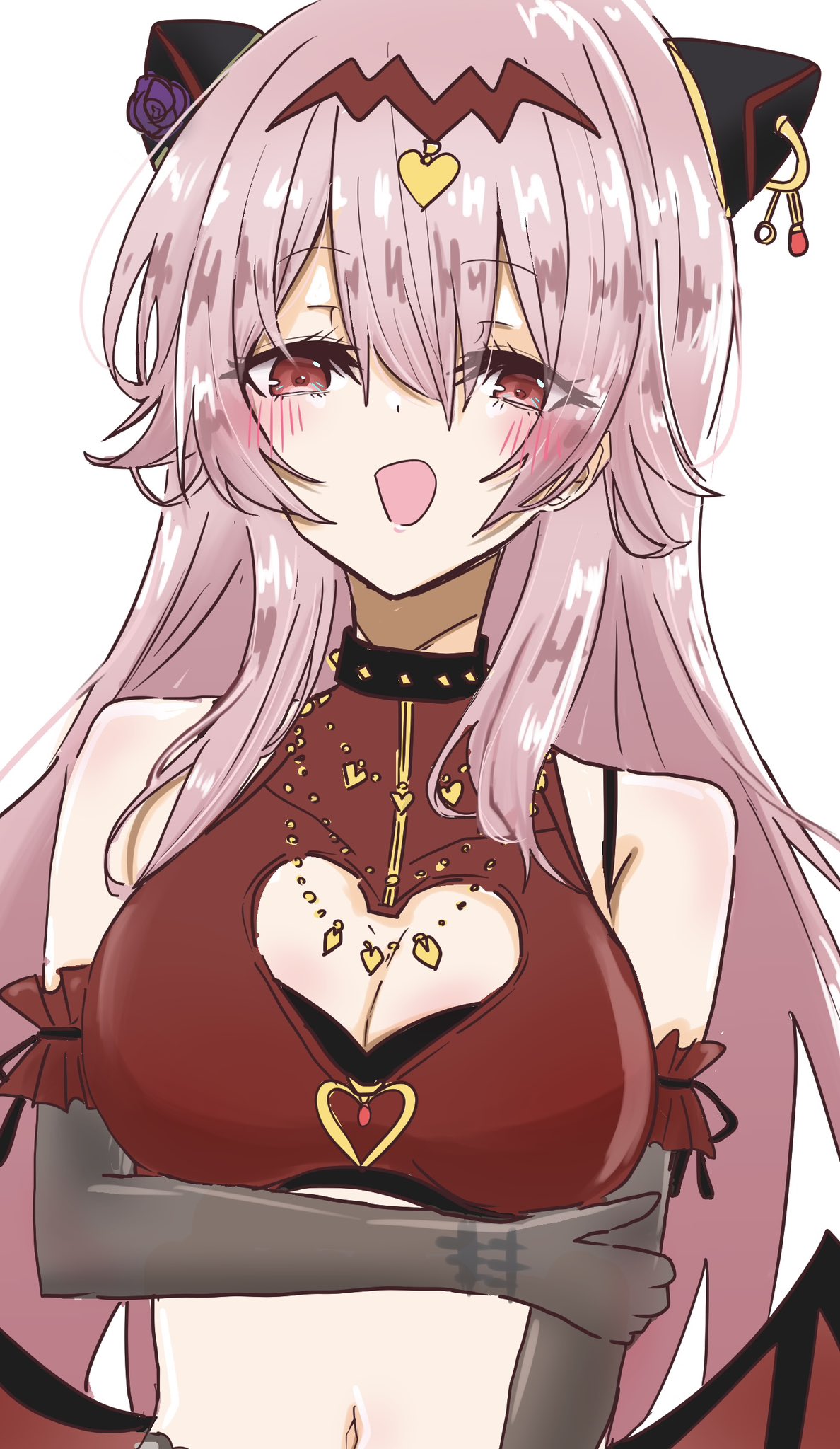 yayuyokan, endou araya, assault lily, commentary, highres, 1girl, arm at side, bare shoulders, blush, breasts, brown gloves, cleavage, cleavage cutout, clothing cutout, crop top, elbow gloves, frilled gloves, frills, gloves, hair between eyes, hair ornament, hairpods, hand on own arm, hand up, heart, heart cutout, heart hair ornament, long hair, looking at viewer, medium breasts, navel, official alternate costume, open mouth, pink hair, red eyes, red shirt, shirt, simple background, sleeveless, sleeveless shirt, smile, solo, upper body, white background
