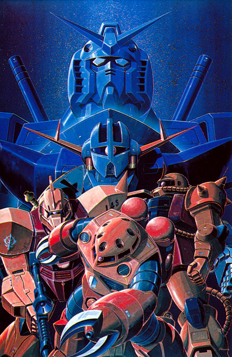 ookawara kunio, gelgoog, gelgoog s char custom, rx-78-2 gundam, z'gok, z'gok char custom, zaku, zaku ii, zaku ii s char custom, zeong, gundam, mobile suit gundam, 1980s (style), commentary request, cropped, official art, painting (medium), promotional art, scan, traditional media, 1970s (style), army, beam cannon, beam rifle, cable, claws, earth federation, energy gun, looking at viewer, mecha, mecha focus, mobile armor, mobile suit, no humans, oldschool, one-eyed, realistic, retro artstyle, robot, roundel, science fiction, shield, v-fin, weapon, zeon
