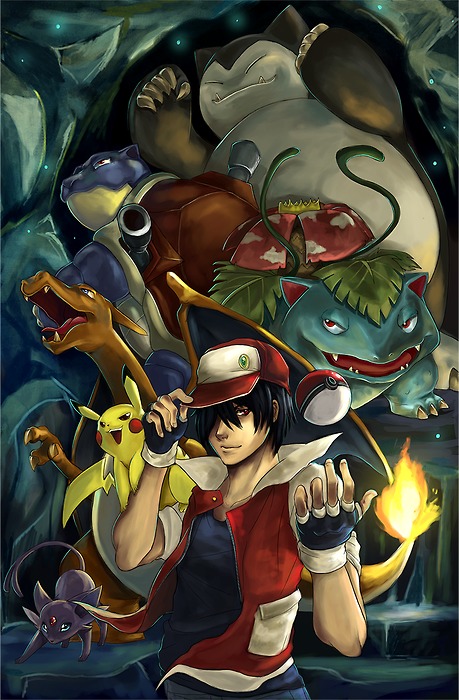 suikuro, blastoise, charizard, espeon, pikachu, pixiv red, red (pokemon), snorlax, venusaur, nintendo, pokemon, pokemon gsc, pokemon rgby, bad deviantart id, bad id, 1990s (style), 1boy, baseball cap, cave, fire, flame-tipped tail, gen 1 pokemon, gen 2 pokemon, hat, poke ball, poke ball (basic), pokemon (creature), pokemon team, retro artstyle, starter pokemon trio, tail