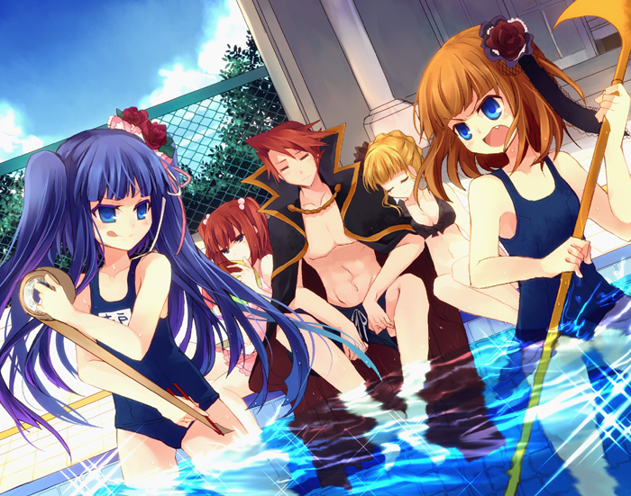 suzushiro kurumi, beatrice (umineko), eva beatrice, furudo erika, ushiromiya ange, ushiromiya battler, umineko no naku koro ni, 4girls, ball, bikini, black bikini, blue one-piece swimsuit, blunt bangs, cape, chopsticks, multiple girls, one-piece swimsuit, pool, school swimsuit, swimsuit, tape, wading