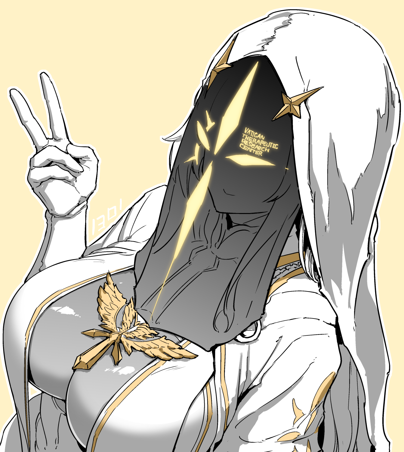 v.t.c. priestess (nikke), goddess of victory: nikke, commentary request, highres, 13kai01, 1girl, black veil, breast curtains, breasts, covered face, faceless, faceless female, gloves, large breasts, long hair, nun headdress, solo, upper body, v, veil, veil over eyes, white gloves, white hair, yellow background