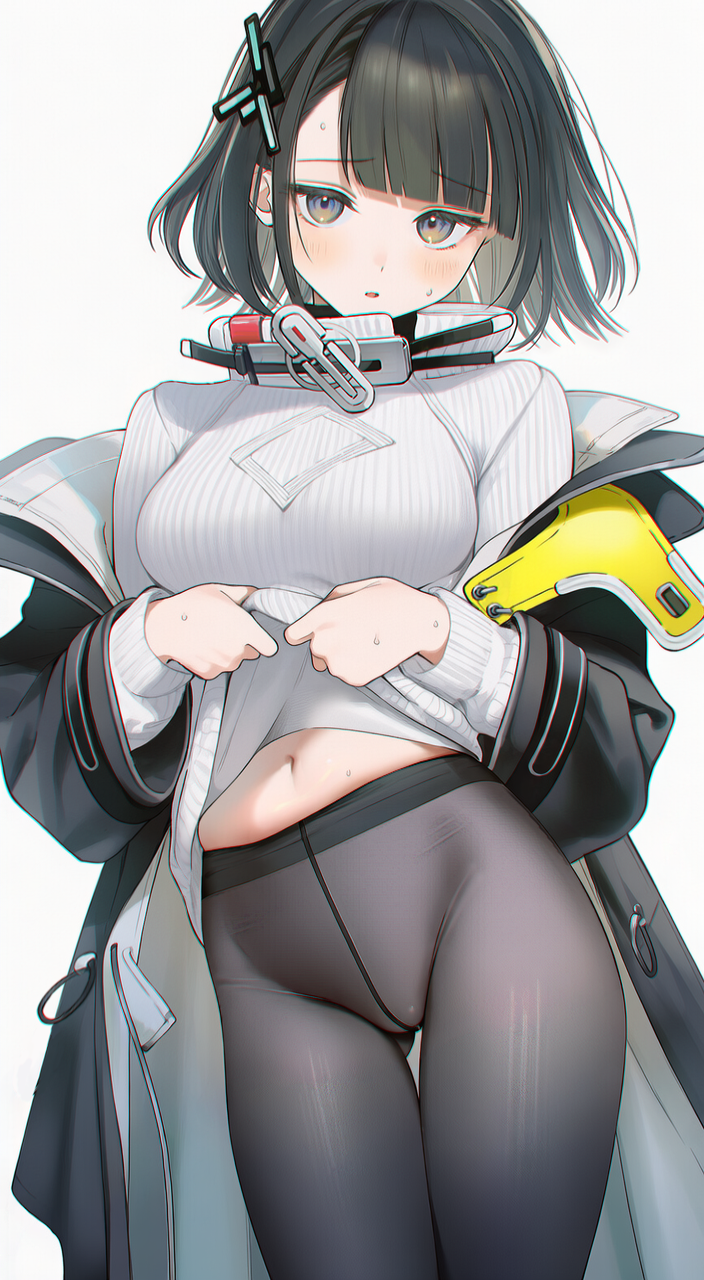 poki (j0ch3fvj6nd), endministrator (arknights), female endministrator (arknights), arknights, arknights: endfield, ai-assisted, commentary, highres, 1girl, black coat, black hair, black leggings, blush, breasts, clothes lift, coat, cowboy shot, crotch seam, grey eyes, hair ornament, leggings, lifting own clothes, long sleeves, looking at viewer, medium breasts, medium hair, navel, off shoulder, open clothes, open coat, pantyhose, parted lips, ribbed shirt, shirt, simple background, solo, sweater, sweater lift, thigh gap, white background, white sweater