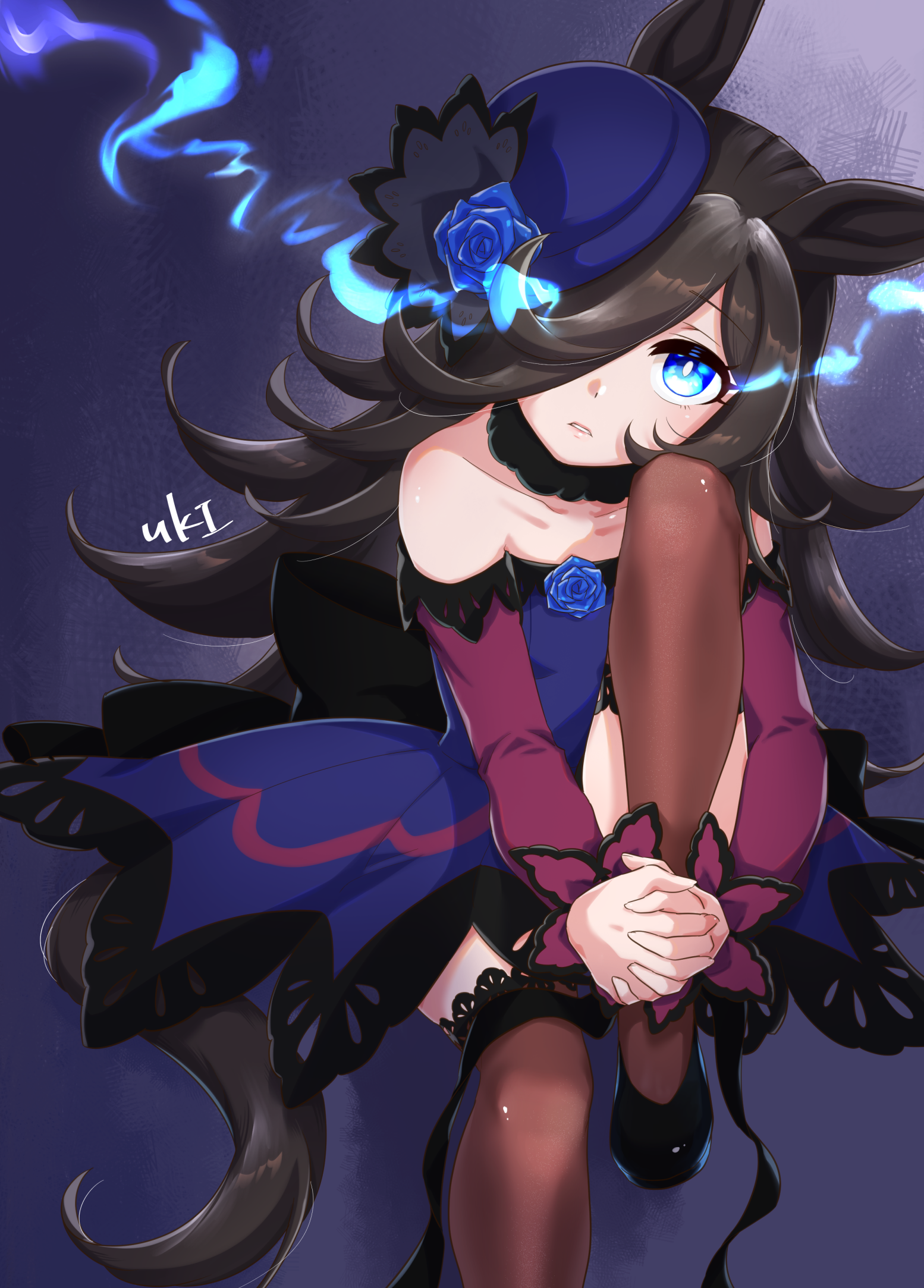 neru ika, rice shower (rosy dreams) (umamusume), rice shower (umamusume), umamusume, commentary request, highres, 1girl, animal ears, bare shoulders, blue dress, blue flower, blue hat, blue rose, breasts, brown hair, brown thighhighs, collarbone, dress, eye trail, flipped hair, flower, fur choker, hair over one eye, hat, hat flower, horse ears, horse girl, horse tail, knee up, light trail, long hair, long sleeves, looking at viewer, off-shoulder dress, off shoulder, parted lips, purple eyes, rose, shoes, small breasts, solo, tail, thighhighs, thighs, tilted headwear