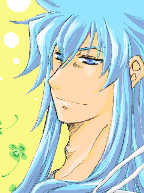 regal bryan, tales of (series), tales of symphonia, 00s, 1boy, blue eyes, blue hair, clover, male focus, matching hair/eyes, oekaki, simple background, smile, solo