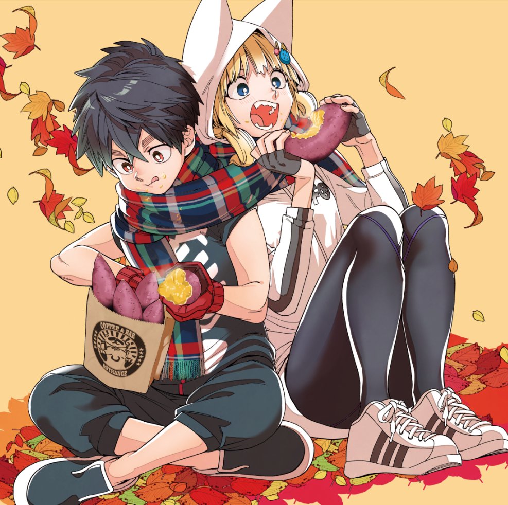 kon (kemono jihen), kusaka kabane, kemono jihen, commentary, commentary request, 1boy, 1girl, aimoto shou (artist), animal hood, black hair, black leggings, blonde hair, blue eyes, fingerless gloves, food, food on face, full body, gloves, holding, holding food, hood, hood up, hooded jacket, jacket, leaf, leggings, open mouth, red eyes, scarf, short hair, sitting, sweet potato, teeth, thick eyebrows, tongue, tongue out, yellow background