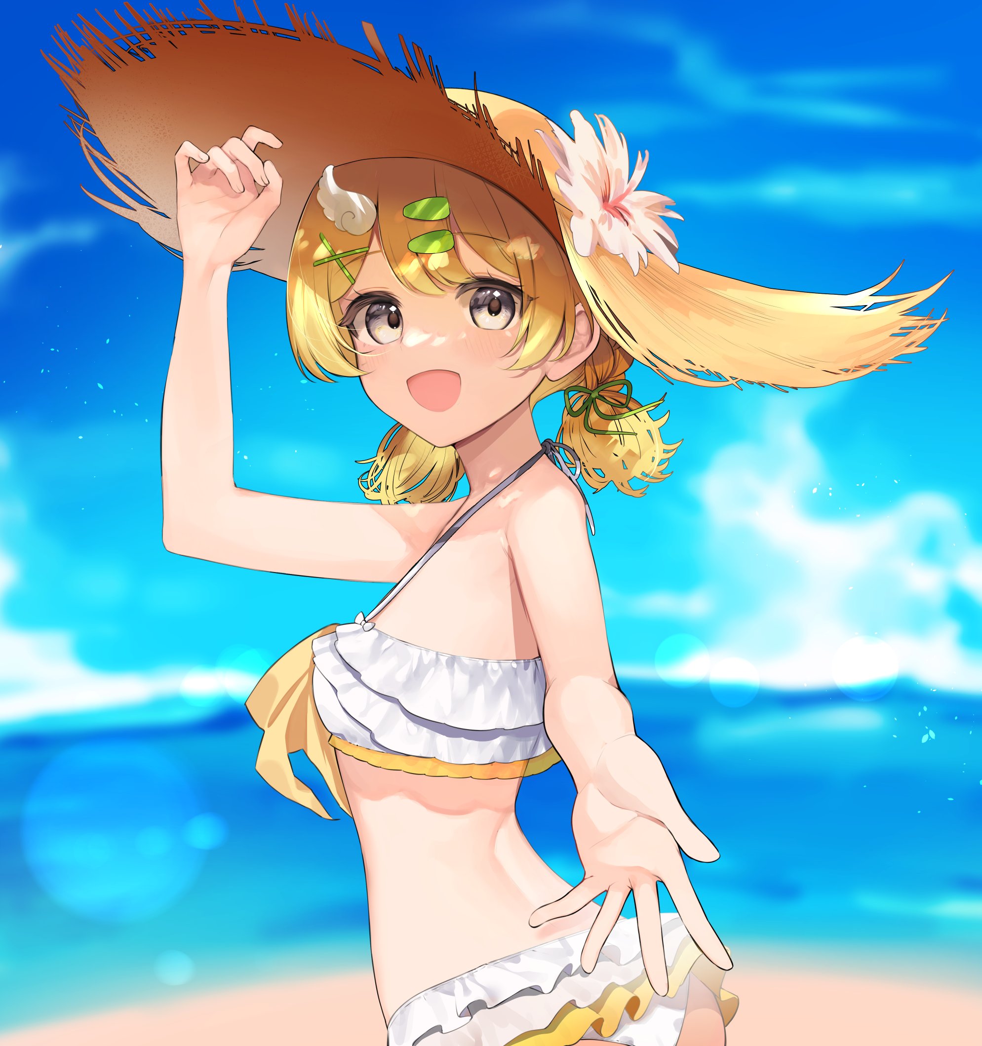 susisanta0707, indie virtual youtuber, commentary request, commission, highres, second-party source, 1girl, bare arms, bare shoulders, beach, bikini, blonde hair, blue sky, blurry, blurry background, flower, grey eyes, hat, hat flower, kishiro lemo (vtuber), looking at viewer, low twintails, medium hair, multicolored eyes, ocean, open mouth, outdoors, reaching, reaching towards viewer, sky, smile, solo, straw hat, sun hat, swimsuit, twintails, upper body, virtual youtuber, white bikini, yellow eyes
