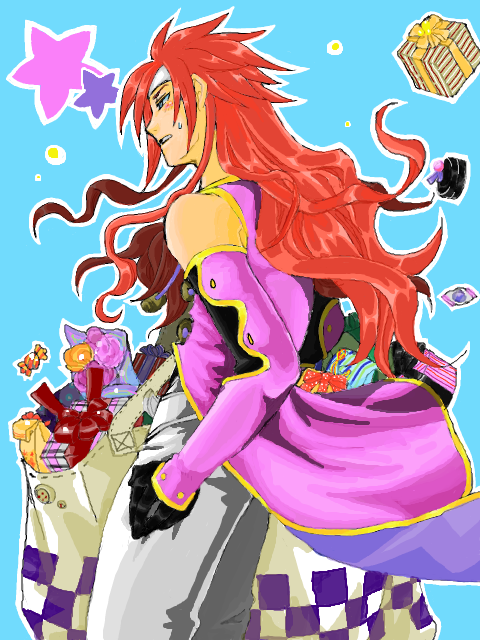 zelos wilder, tales of (series), tales of symphonia, 00s, 1boy, blue eyes, blush, candy, food, gift, headband, long hair, male focus, red hair, simple background, solo, star (symbol), sweatdrop