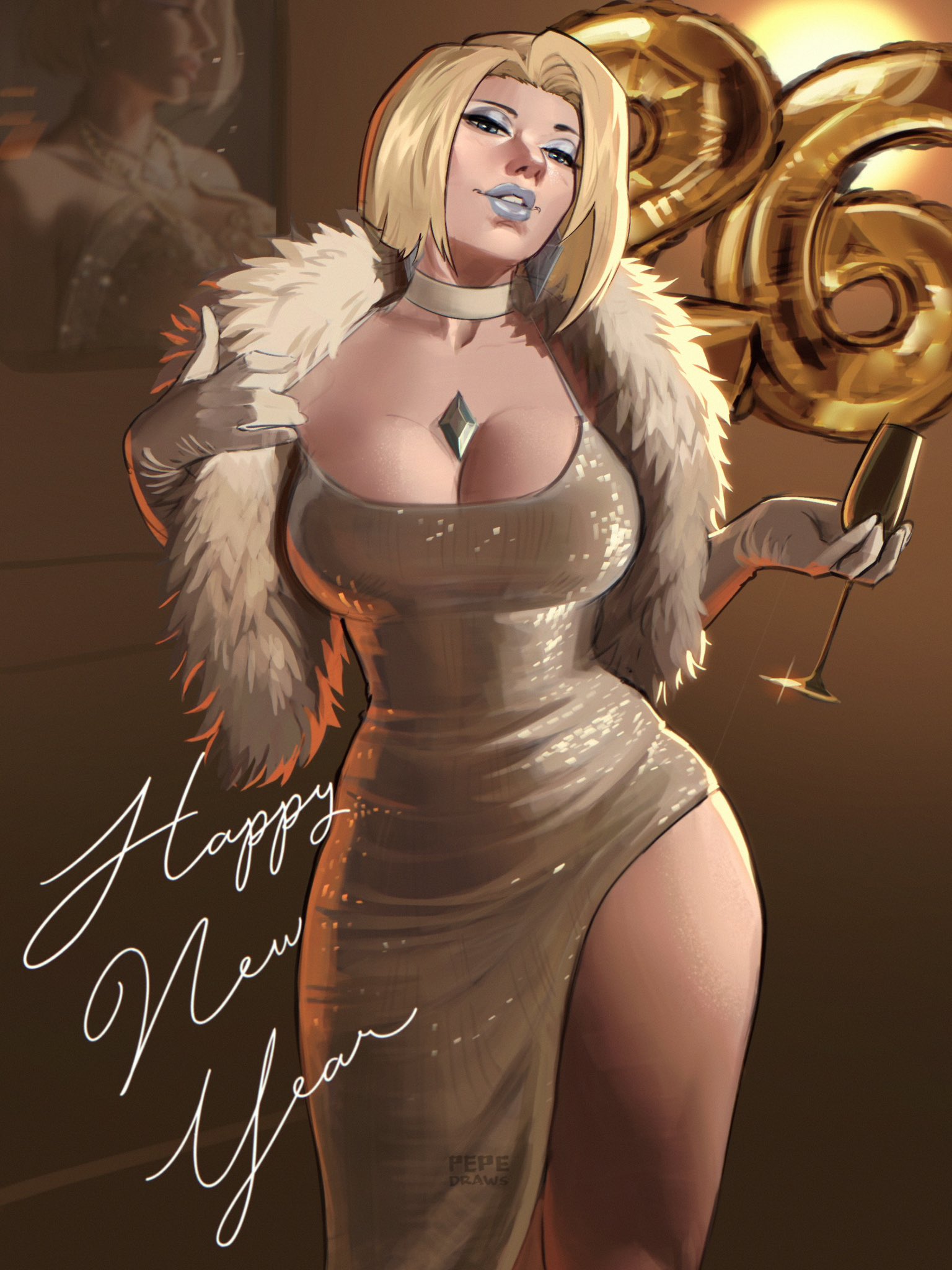 pepedraws, emma frost, marvel, marvel rivals, x-men, commentary, english commentary, highres, photo-referenced, 1girl, alternate costume, aqua eyes, blonde hair, blue eyeshadow, blue lips, breasts, brown background, champagne flute, chest jewel, choker, cleavage, cup, cursive, dress, drinking glass, earrings, elbow gloves, english text, eyeshadow, fur shawl, gloves, gold dress, happy new year, holding, holding cup, jewelry, large breasts, looking at viewer, makeup, mature female, new year, parted lips, photo (object), shawl, short hair, side slit, solo, thick thighs, thighs, white choker, white gloves