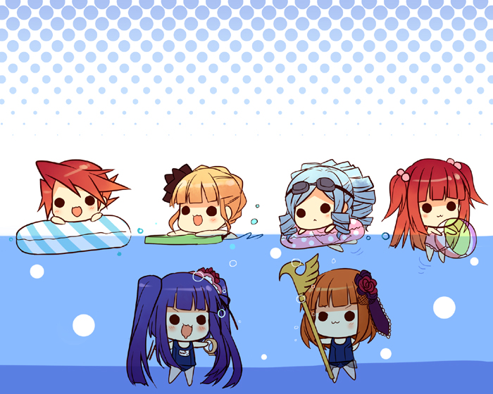 ryukishi07, suzushiro kurumi, beatrice (umineko), dlanor a. knox, eiserne jungfrau, eva beatrice, furudo erika, ushiromiya ange, ushiromiya battler, no naku koro ni (series), umineko no naku koro ni, 5girls, chibi, duct tape, multiple girls, one-piece swimsuit, school swimsuit, swimsuit, underwater, water