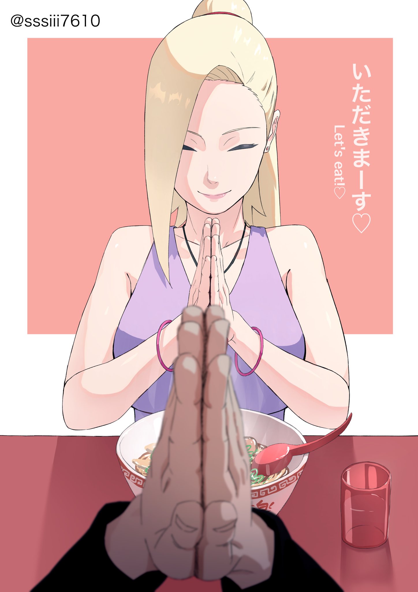sssiii7610, uzumaki naruto, yamanaka ino, naruto (series), naruto shippuuden, commentary request, highres, 1boy, 1girl, artist name, blonde hair, dating, food, long hair, noodles, ponytail, pov, pov hands, praying, ramen, signature, twitter username