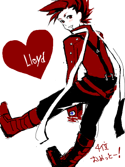 lloyd irving, tales of (series), tales of symphonia, 00s, 1boy, blush, brown eyes, brown hair, heart, male focus, monochrome, oekaki, short hair, solo, white background