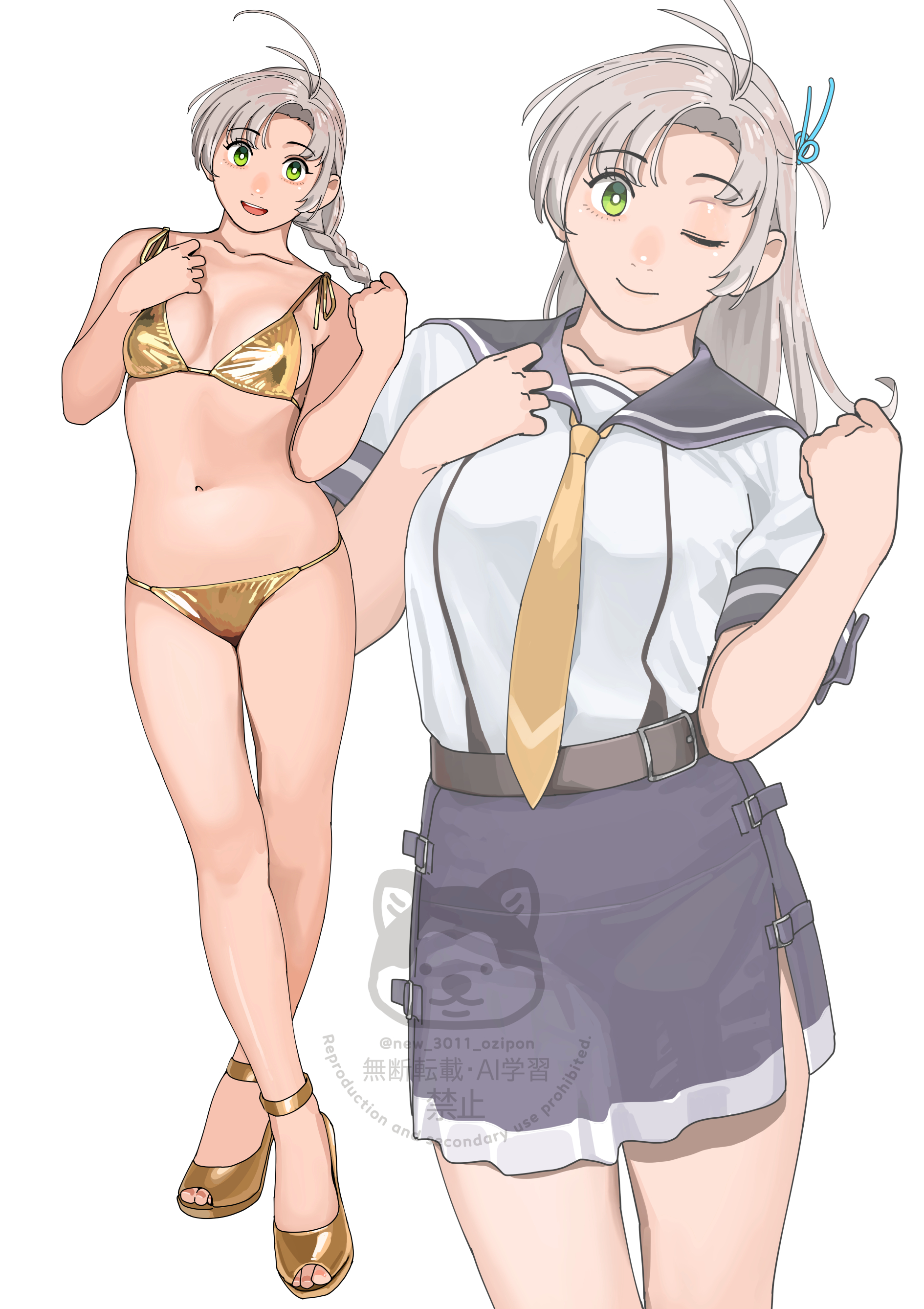 ojipon, kinugasa (kancolle), kinugasa kai ni (kancolle), kantai collection, absurdres, highres, 1girl, antenna hair, bikini, braid, breasts, cowboy shot, crossed legs, gold bikini, gold shoes, green eyes, grey hair, long hair, looking at viewer, medium breasts, multiple views, neckerchief, one eye closed, purple sailor collar, purple skirt, sailor collar, sailor shirt, school uniform, serafuku, shirt, shoes, simple background, single braid, skirt, swimsuit, watermark, white background, white shirt, yellow neckerchief