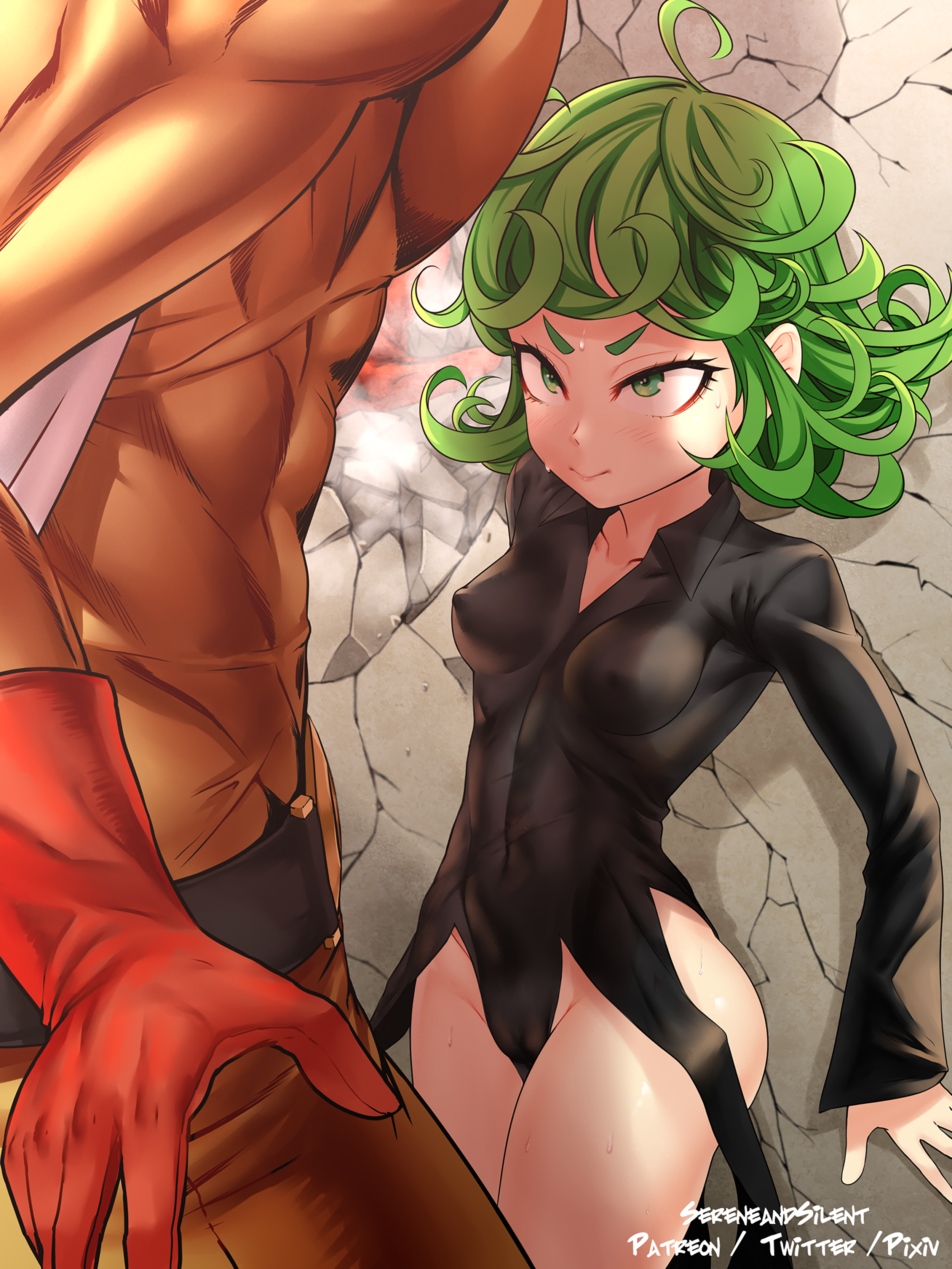 sereneandsilent, saitama (one-punch man), tatsumaki, one-punch man, absurdres, highres, 1boy, 1girl, black dress, blush, breasts, curly hair, dress, green eyes, grey hair, kabedon, medium hair, no panties, patreon username, petite, short hair, small breasts