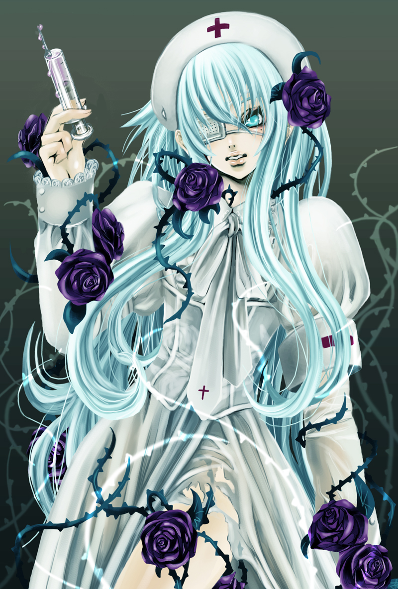 shiraishi asuka, pisces aphrodite, saint seiya, 1boy, crossdressing, crossdressing (mtf), eyepatch, male focus, nurse, solo, trap
