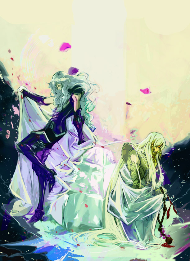 you (pisan), pisces aphrodite, virgo shaka, saint seiya, 2boys, androgynous, armor, boots, full moon, gloves, gold armor, long hair, male focus, moon, multiple boys, petals, white hair