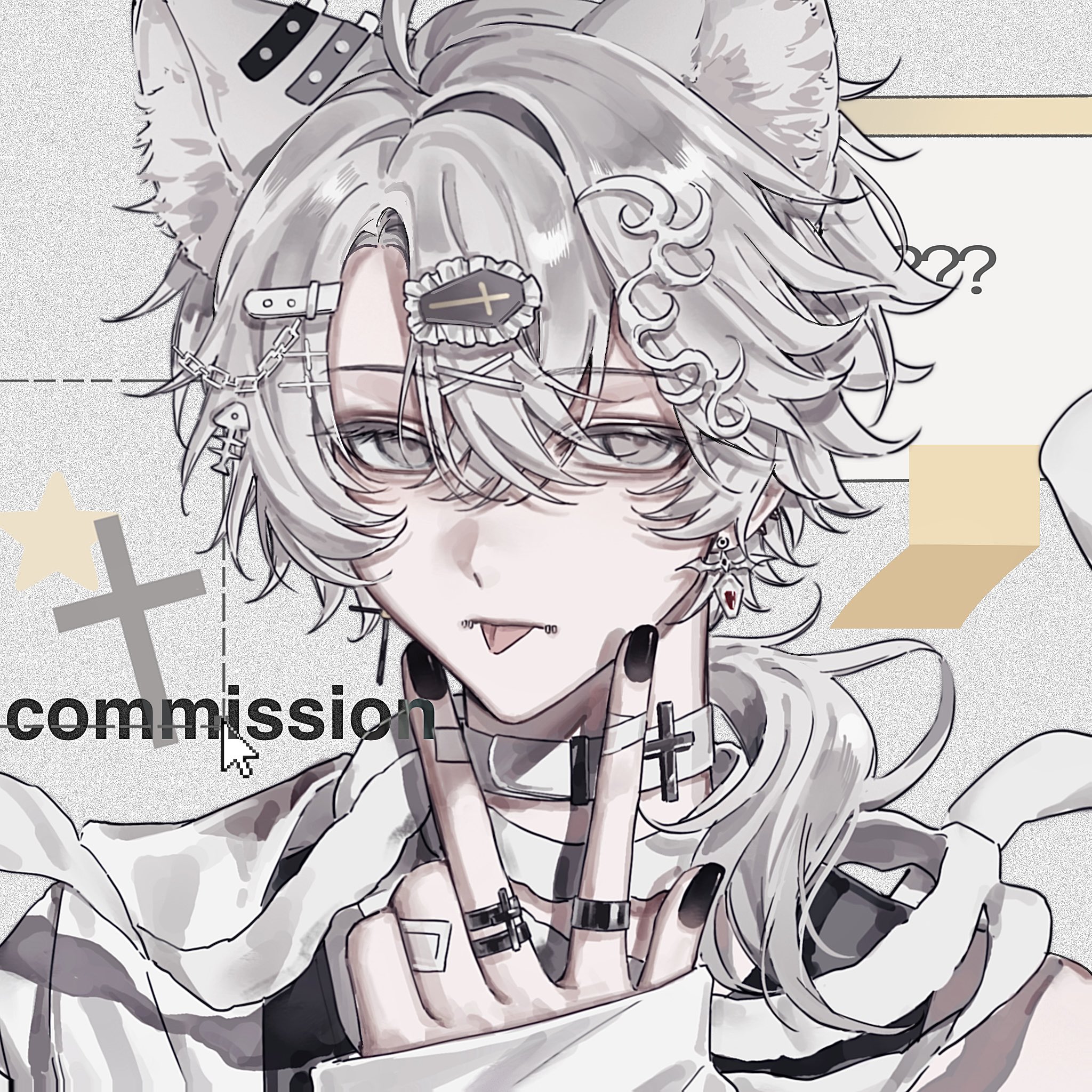 sushisushi iiii, aesop carl, identity v, commission, highres, 1boy, ?, ahoge, animal ear fluff, animal ear piercing, animal ears, black nails, cat ears, chain, choker, cross, cross earrings, crossed bangs, earrings, fish skeleton hair ornament, grey eyes, grey hair, hair between eyes, hair ornament, hairclip, jewelry, kemonomimi mode, long hair, long sleeves, male focus, mismatched earrings, multiple rings, ponytail, portrait, ring, shirt, sleeves past wrists, solo, stitched mouth, stitches, tongue, tongue out, v, v over mouth, white choker, white shirt