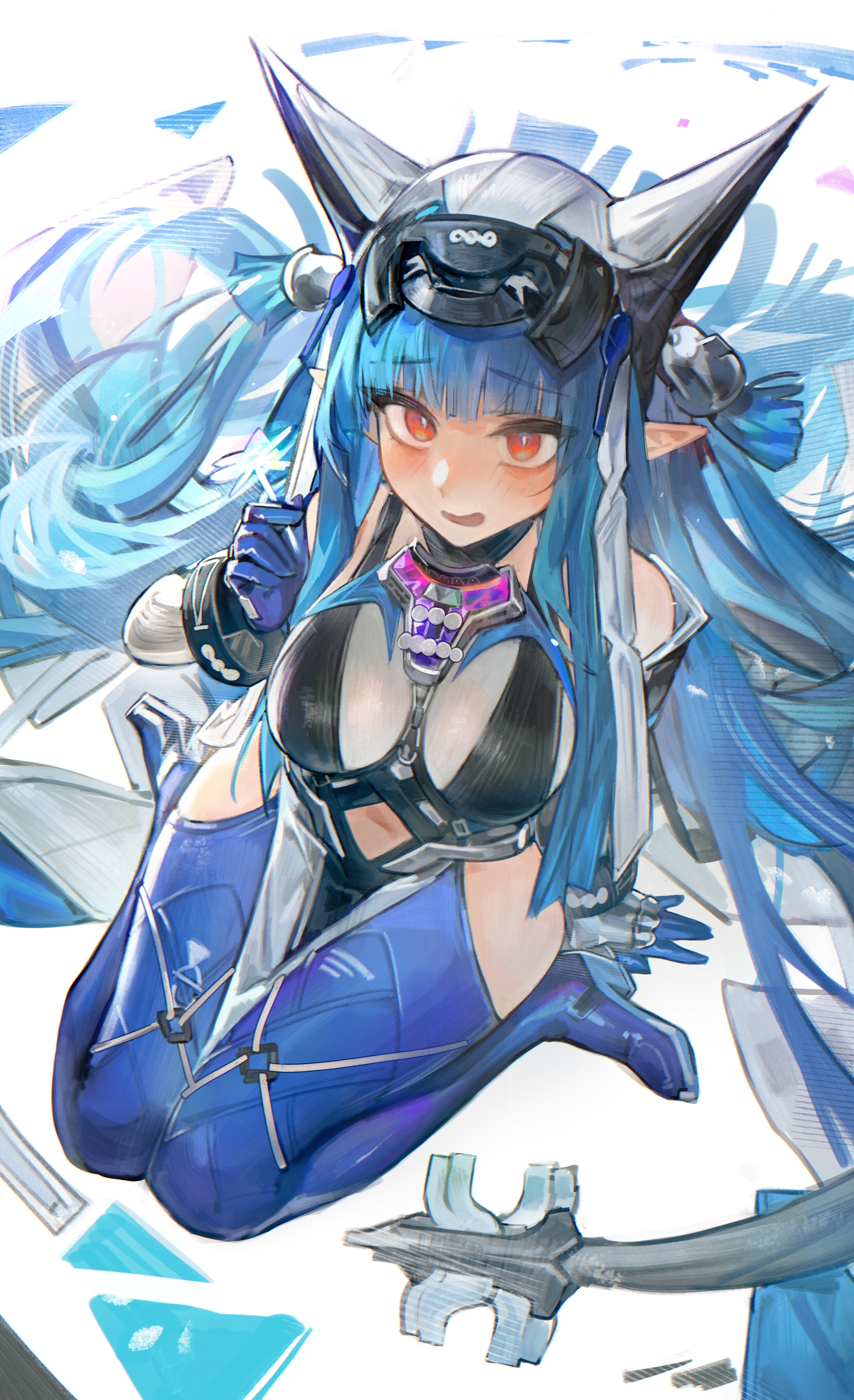lucadark art, last rite (arknights), arknights, arknights: endfield, absurdres, commentary, highres, 1girl, blue boots, blue gloves, blue hair, boots, breasts, bright pupils, clothing cutout, covered horns, from above, full body, gloves, hip vent, large breasts, long hair, looking at viewer, navel, parted lips, pointy ears, raised inner eyebrows, red eyes, sitting, solo, stomach cutout, thigh boots, very long hair, wariza