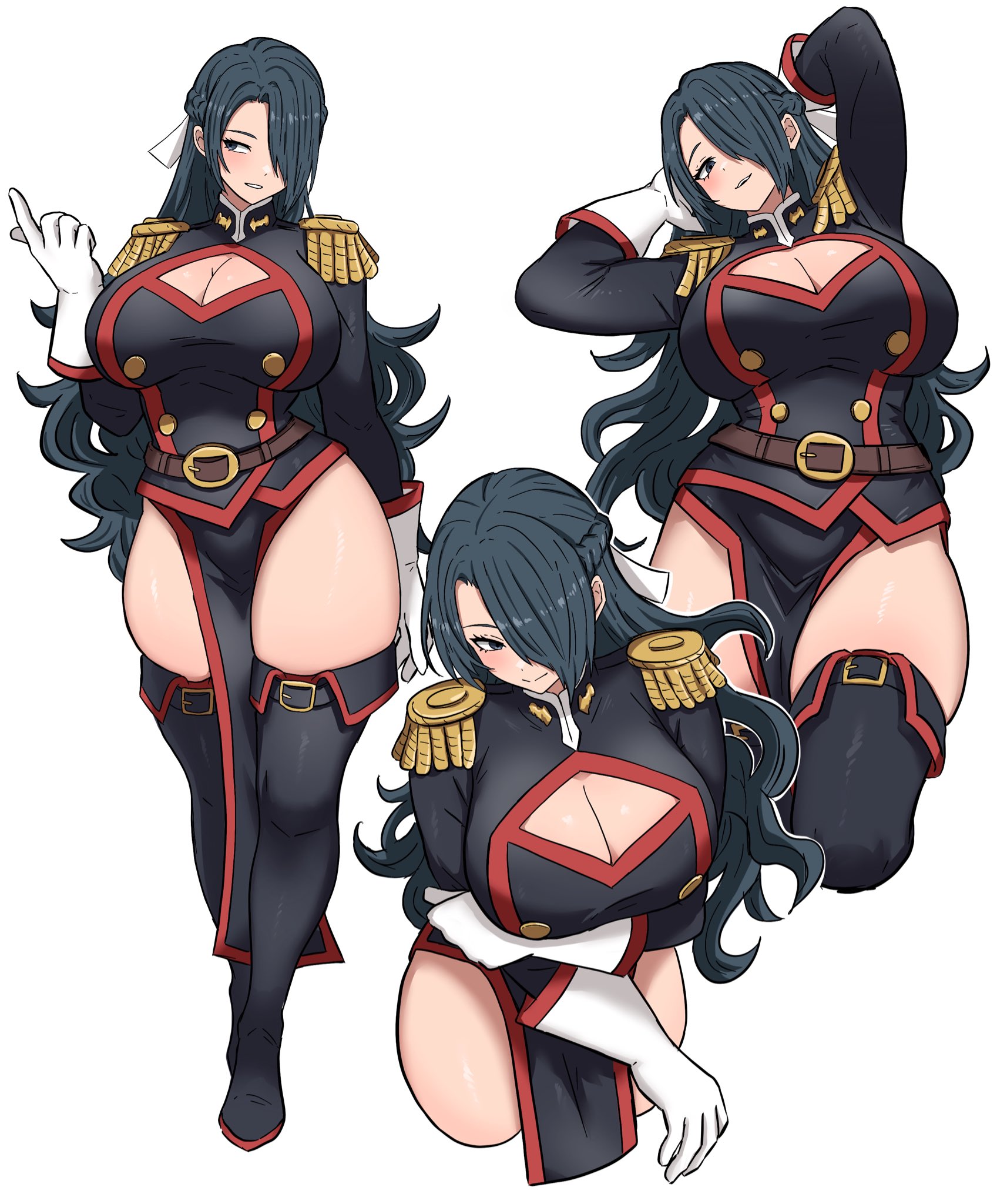 ishinabe art, azuma fubuki, mato seihei no slave, commentary request, highres, 1girl, anti-demon corps uniform, arm under breasts, arms behind head, belt, black boots, black eyes, black hair, black jacket, blush, boots, braid, breasts, brown belt, cleavage, cleavage cutout, closed mouth, clothing cutout, cropped legs, epaulettes, fold-over boots, full body, gloves, hair over one eye, hand on own arm, hand up, index finger raised, jacket, large breasts, long hair, looking at viewer, looking to the side, mature female, military uniform, multiple views, one eye covered, open mouth, parted lips, pelvic curtain, red trim, sideways glance, simple background, smile, standing, thigh boots, very long hair, white background, white gloves