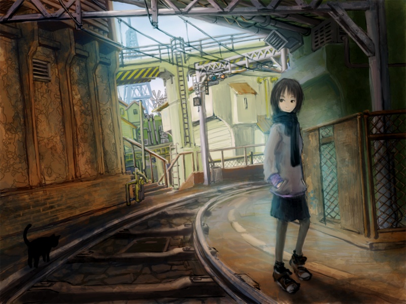yoshidaworks, bad id, bad pixiv id, 1girl, black eyes, black hair, cat, city, female focus, full body, outdoors, pantyhose, railroad tracks, scarf, short hair, sky, solo