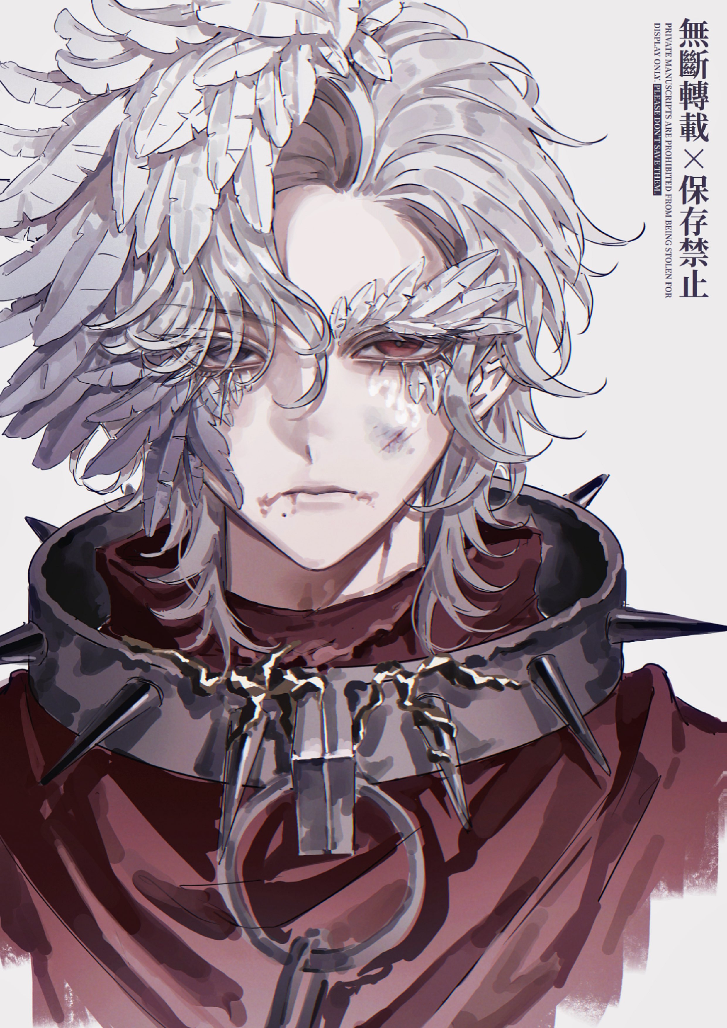 sushisushi iiii, identity v, absurdres, highres, 1boy, blue eyes, bruise, bruise on face, closed mouth, collar, cropped shoulders, feather hair, feathers, heterochromia, injury, looking at viewer, male focus, medium hair, mole, mole under mouth, official alternate costume, portrait, red eyes, red scarf, richard sterling, scarf, simple background, solo, spiked collar, spikes, straight-on, watermark, white background, white hair