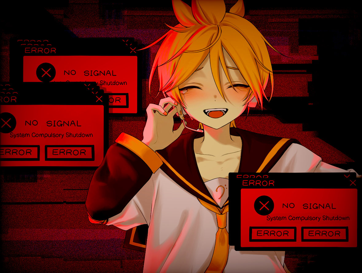 kagamine len, vocaloid, commentary request, 1boy, adjusting headset, bass clef, black sailor collar, blonde hair, closed eyes, english text, error message, hair between eyes, headset, male focus, myang ( 0 0 o o ), nail polish, neckerchief, open mouth, red theme, sailor collar, shirt, solo, white shirt, window (computing), yellow neckerchief