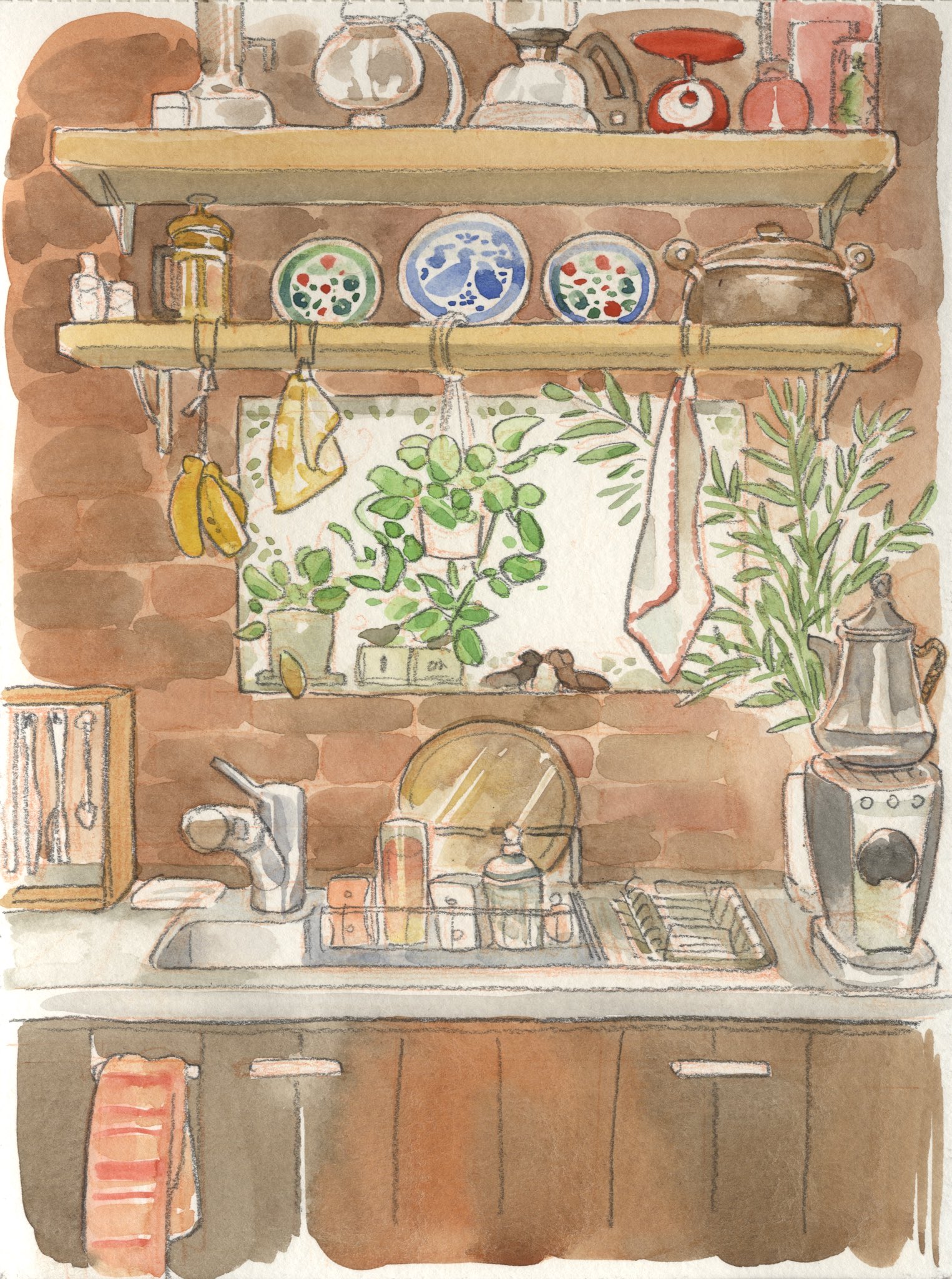 peach momoko, original, commentary request, highres, painting (medium), traditional media, watercolor (medium), banana, brick wall, cabinet, cup, dish rack, faucet, food, fruit, handle, hanging plant, kettle, kitchen, leaf, no humans, plate, shelf, sink, sponge, still life, towel, weighing scale, window