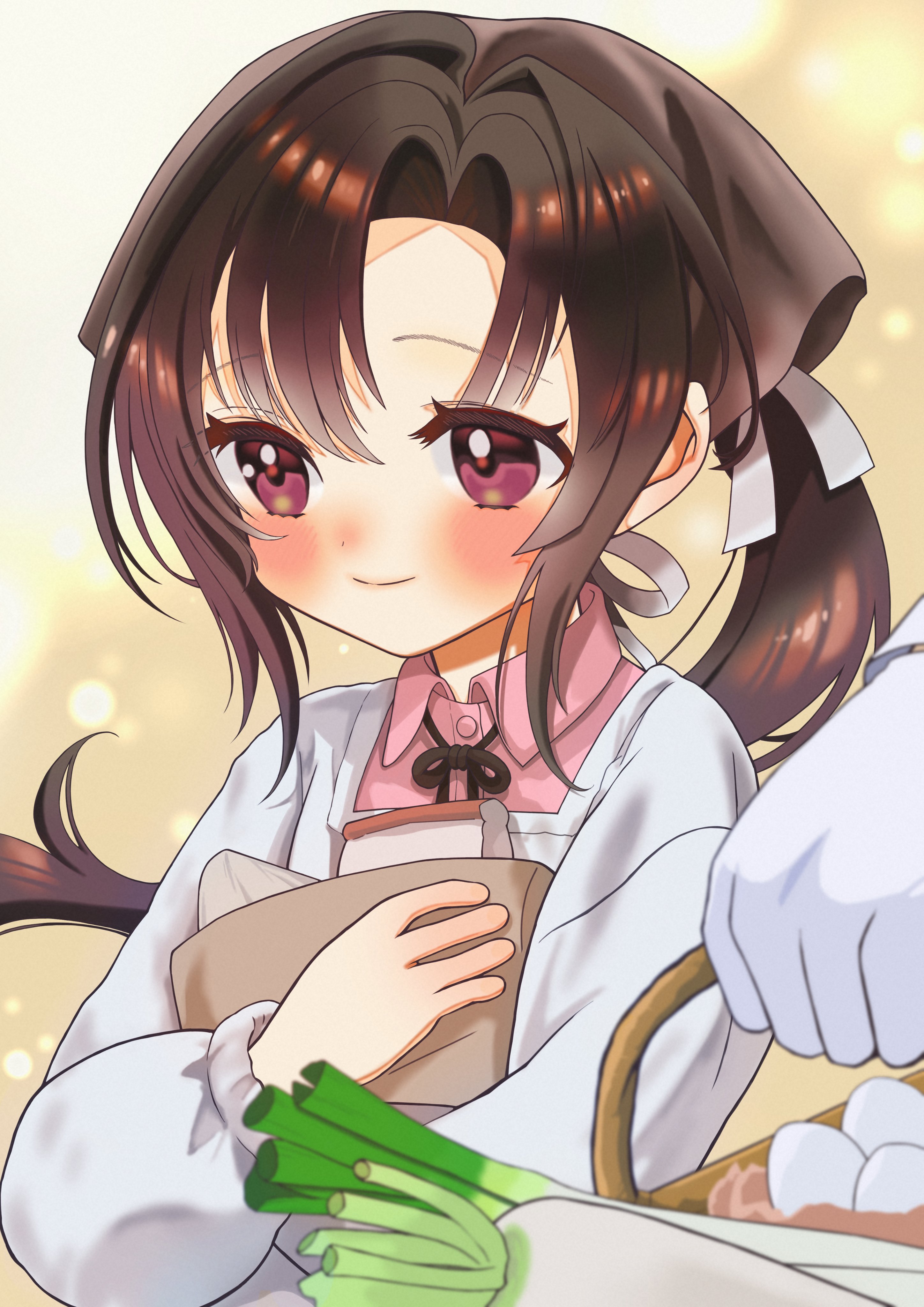 nankai (kancolle), nosaki (kancolle), kantai collection, absurdres, commentary request, highres, 1girl, 1other, apron, bag, bandana, black hair, brown bandana, brown eyes, kappougi, neko to imo, paper bag, pink shirt, ponytail, shirt, solo, solo focus, spring onion, upper body