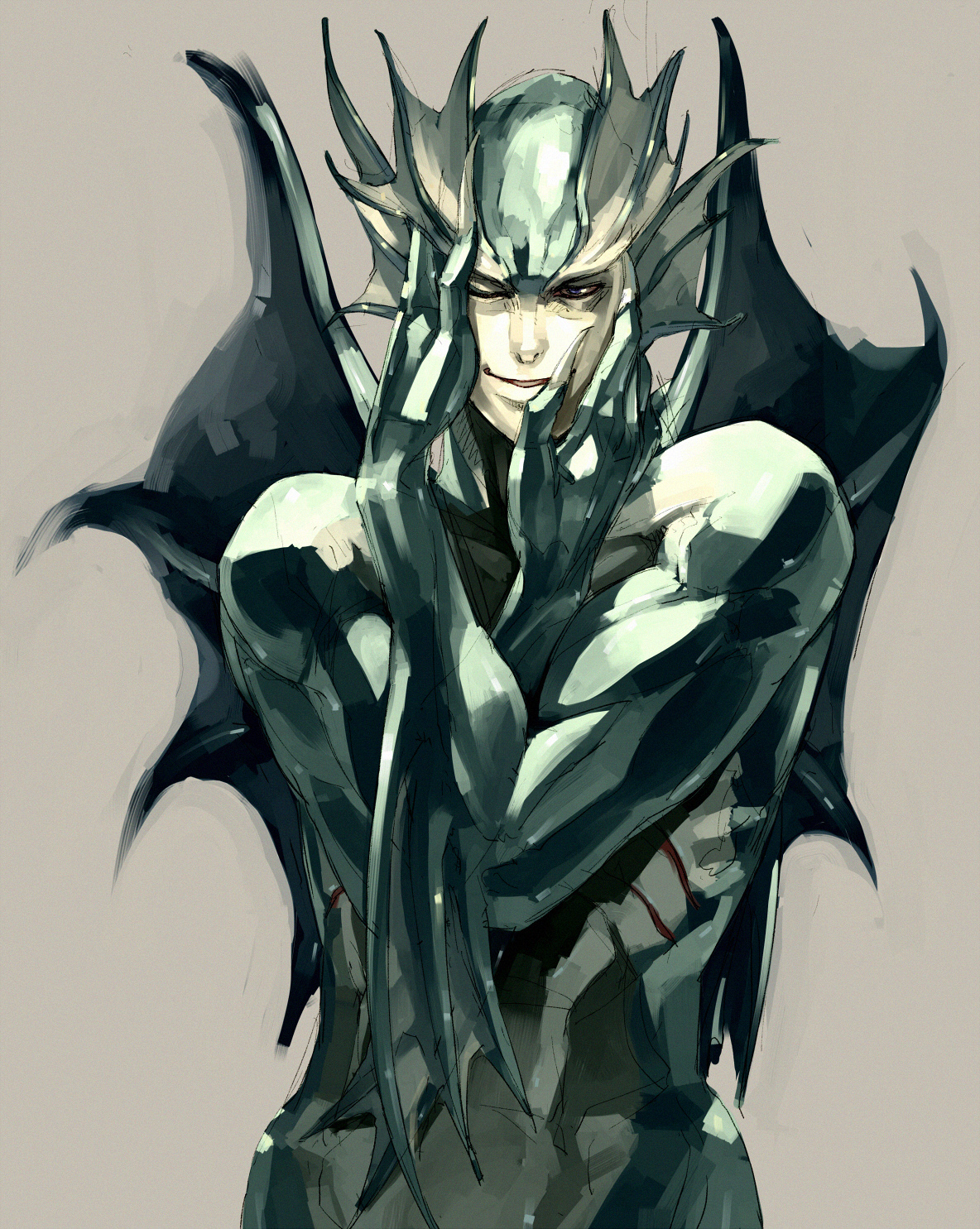 shihou (g-o-s), rikuo (darkstalkers), capcom, darkstalkers, highres, 1boy, blue eyes, brazil, colored skin, fins, green skin, hands on own face, head fins, male focus, merman, monster, monster boy, one eye closed, parody, simple background, smile, solo, wink, yandere trance