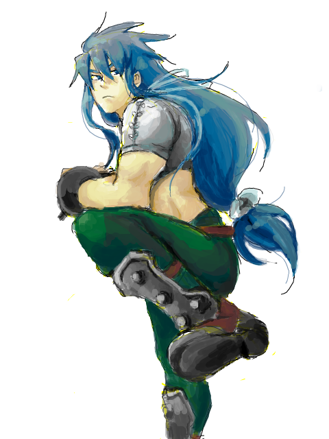 regal bryan, tales of (series), tales of symphonia, 00s, 1boy, blue eyes, blue hair, cuffs, male focus, matching hair/eyes, oekaki, shackles, simple background, solo, white background