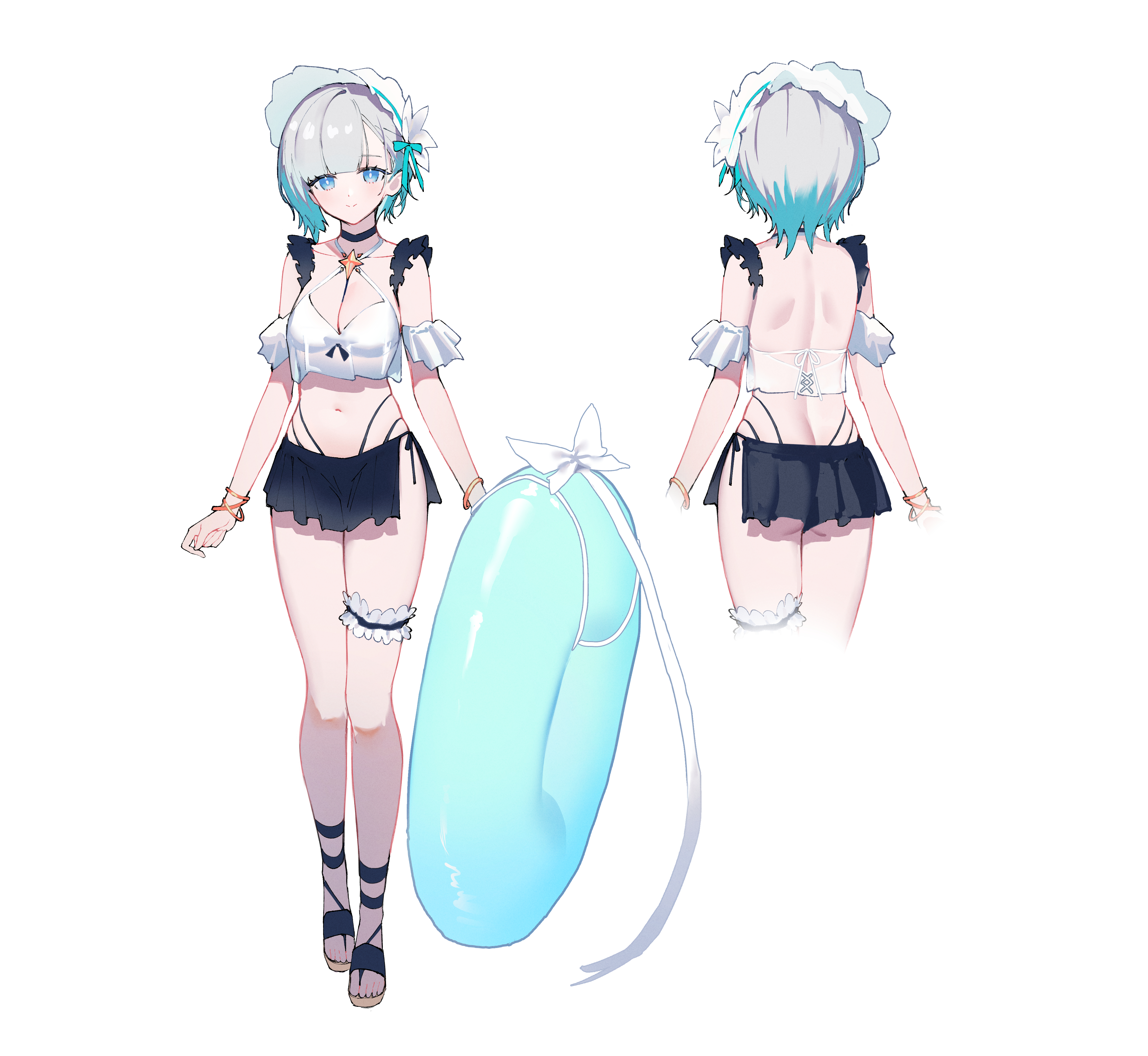 lysh, sia astelle, maplestory, absurdres, commentary, highres, revision, 1girl, arms at sides, ass, bare back, black skirt, blue bow, blunt bangs, bonnet, bow, bracelet, breasts, butt crack, cleavage, closed mouth, crop top, crop top overhang, frilled thigh strap, from behind, full body, grey hair, hair bow, innertube, jewelry, maplestory m, medium breasts, midriff, miniskirt, multiple views, navel, sandals, short hair, simple background, skirt, smile, swim ring, thigh strap, white background, white bonnet
