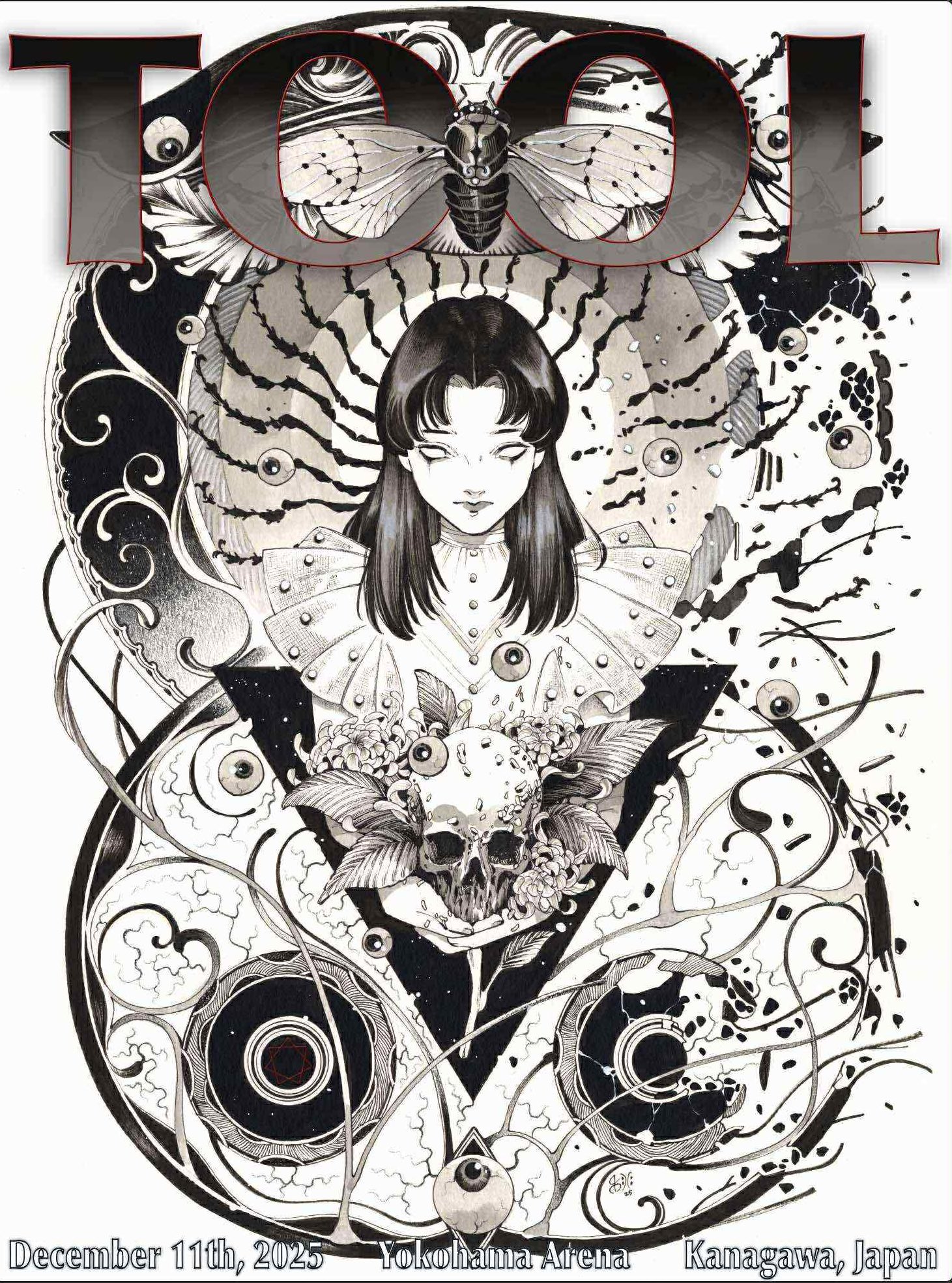 peach momoko, tool (band), commentary request, highres, official art, promotional art, 1girl, 2025, black hair, bug, cicada, copyright name, dated, eyeball, flower, frills, greyscale, group name, holding, holding skull, insect, leaf, location name, long hair, maggot, monochrome, no pupils, parted bangs, skull, solo, white background