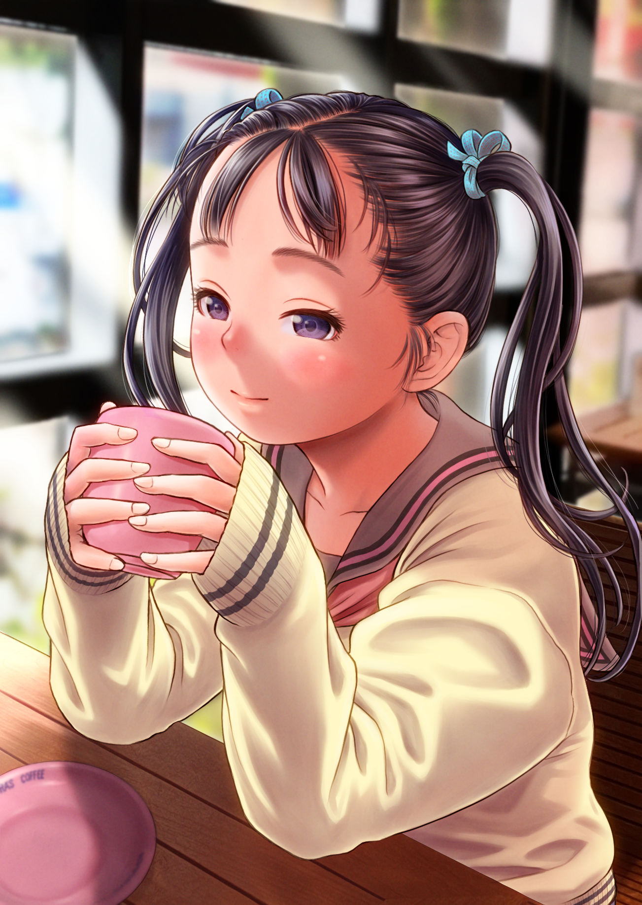 wadachitokakeru, original, commentary request, highres, revision, 1girl, arm rest, black hair, blue ribbon, blurry, blurry background, closed mouth, cup, depth of field, hair ribbon, holding, holding cup, indoors, long hair, long sleeves, neckerchief, pink neckerchief, purple eyes, ribbon, sailor collar, school uniform, serafuku, sitting, sleeves past wrists, smile, solo, sweater, twintails, yellow sweater
