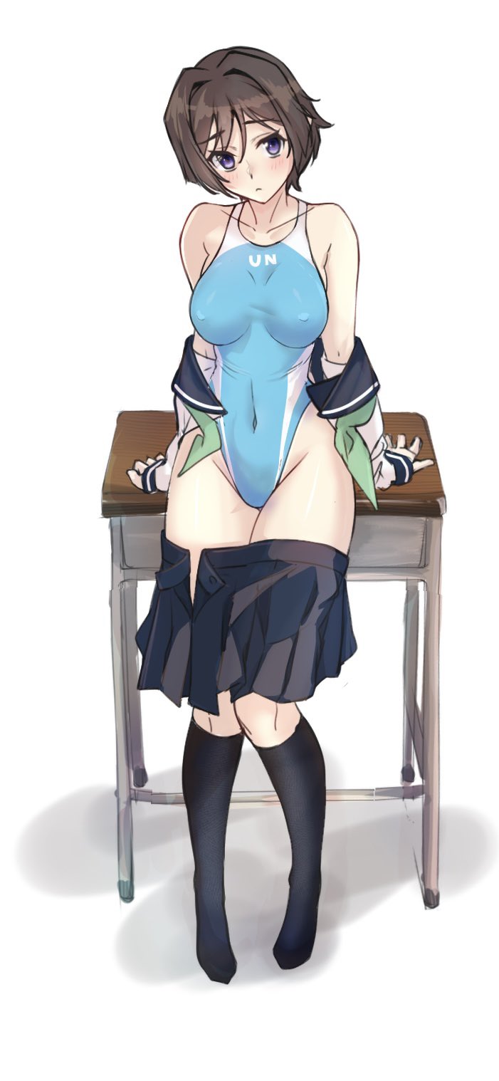 take (pixiv58784208), original, commentary request, highres, 1girl, black sailor collar, black skirt, black socks, blue one-piece swimsuit, brown eyes, brown hair, competition swimsuit, covered navel, desk, highleg, highleg one-piece swimsuit, one-piece swimsuit, open clothes, open shirt, pleated skirt, sailor collar, school desk, school uniform, serafuku, shirt partially removed, short hair, simple background, sitting, skirt, socks, solo, swimsuit, swimsuit under clothes, unworn clothes, white background