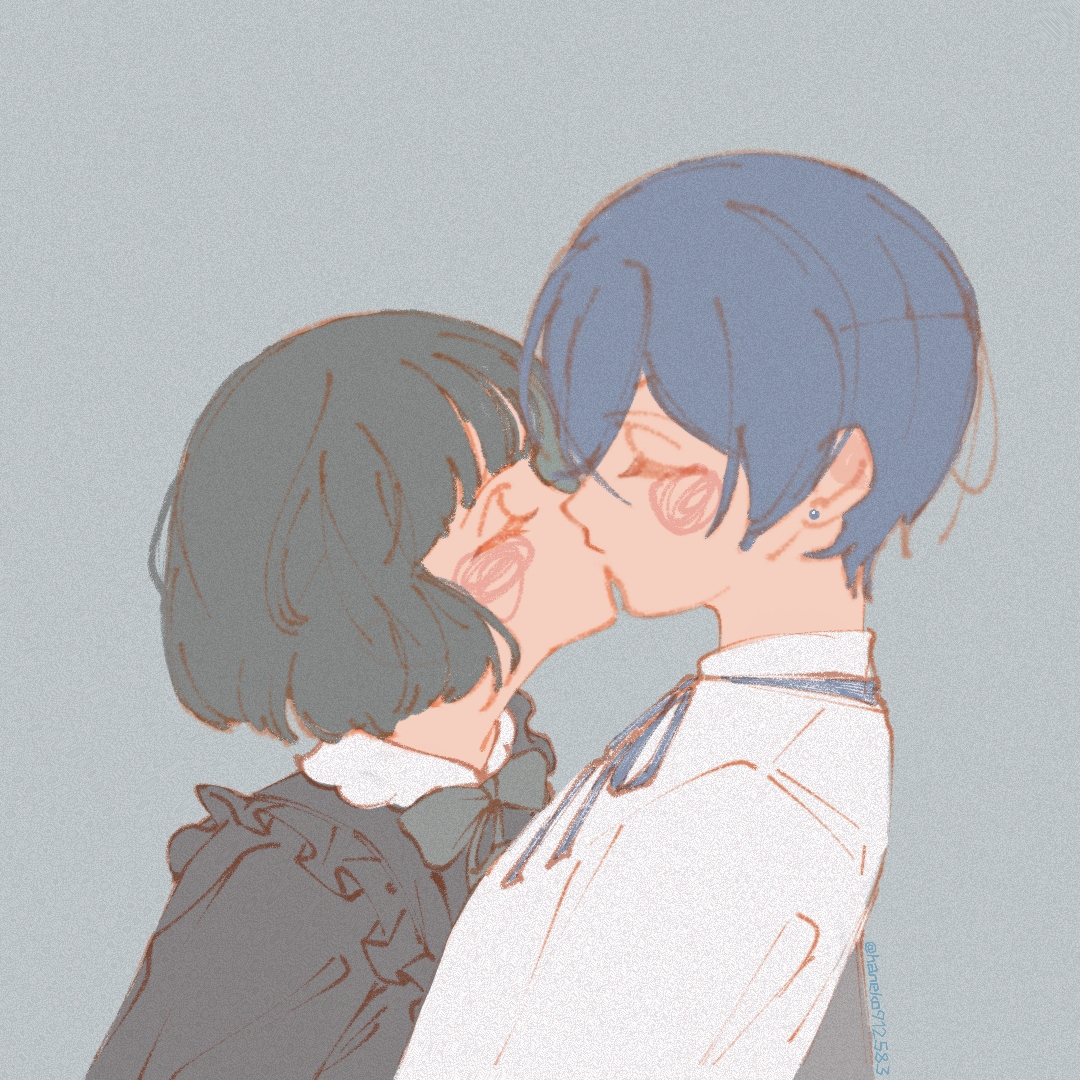 yumoshengge5232, ciel phantomhive, sieglinde sullivan, kuroshitsuji, 1boy, 1girl, blue hair, blush, closed eyes, earrings, face-to-face, green hair, hetero, jewelry, kiss, neck ribbon, profile, ribbon, shirt, short hair, upper body