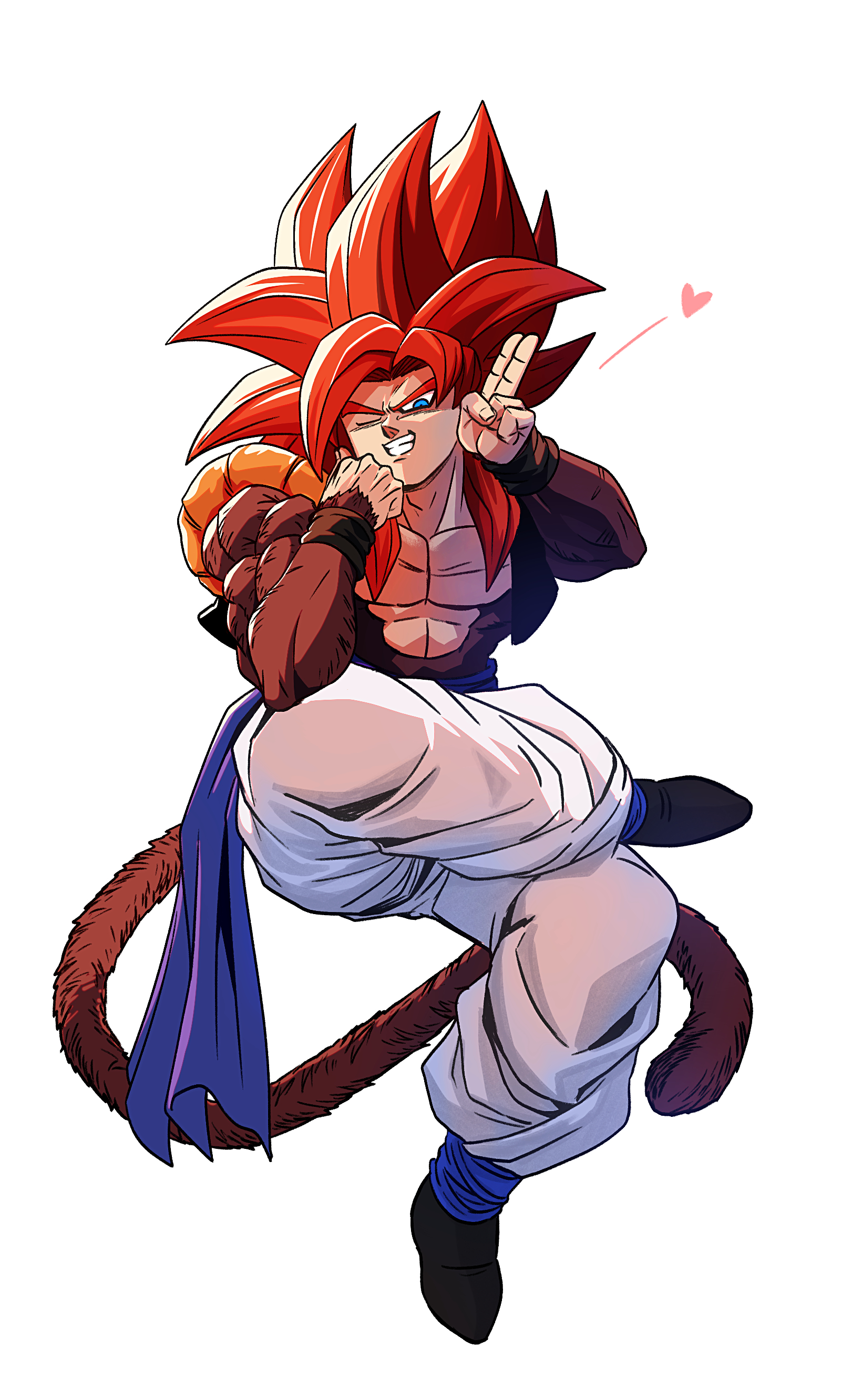 yuuri (fukuroudou), gogeta, dragon ball, dragon ball gt, absurdres, commentary request, highres, 1boy, black vest, blue eyes, blue sash, body fur, brown fur, cropped vest, crossed legs, heart, invisible chair, long hair, male focus, metamoran vest, monkey tail, muscular, muscular male, no shirt, one eye closed, pants, parted lips, red hair, salute, sash, simple background, sitting, smile, solo, spiked hair, super saiyan, super saiyan 4, tail, two-finger salute, vest, white background, white pants