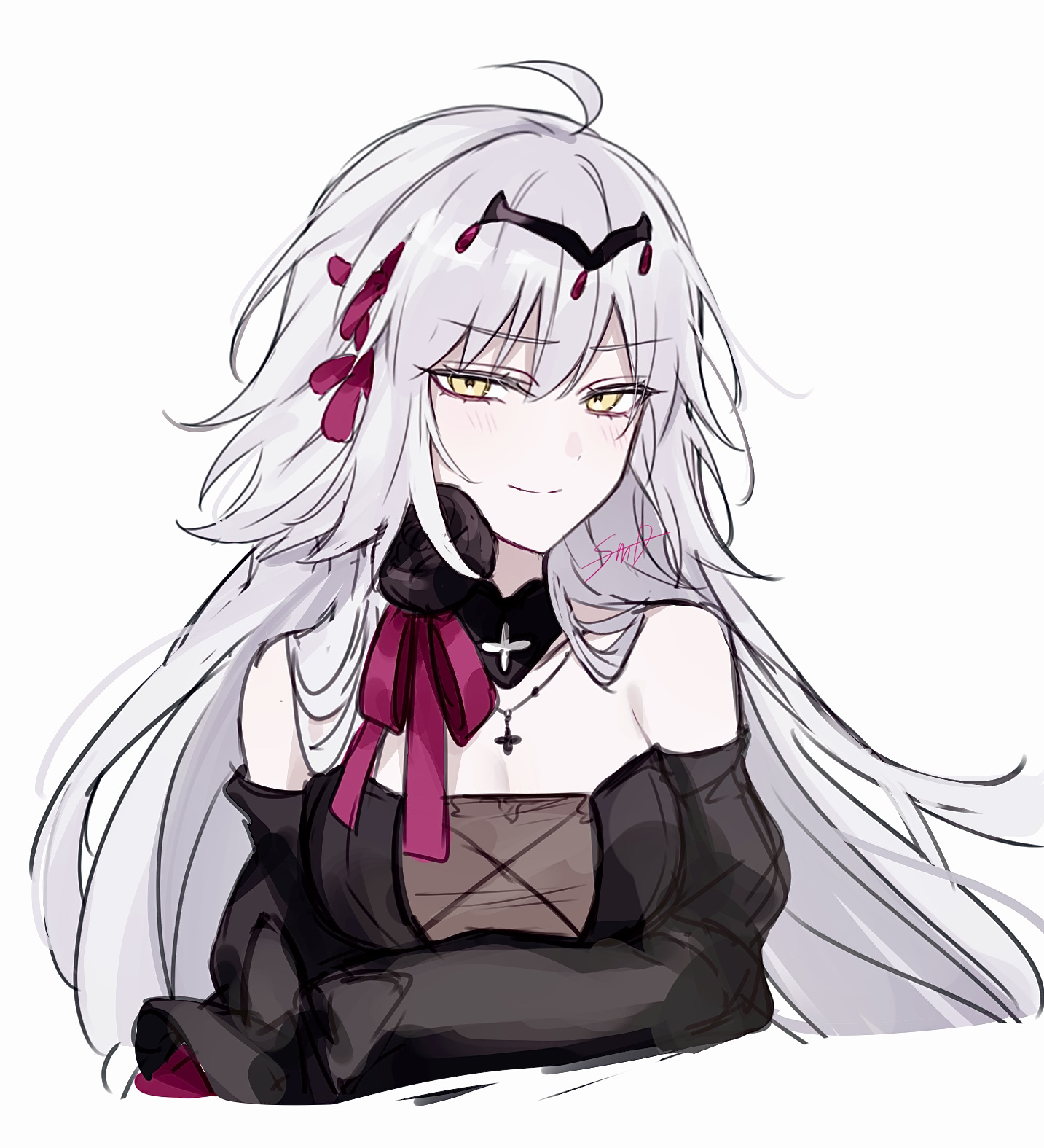 sumi (gfgf 045), jeanne d'arc alter (fate), fate/grand order, fate (series), commentary request, highres, 1girl, ahoge, bare shoulders, black dress, breasts, detached collar, detached sleeves, dress, grey hair, hair ornament, hair ribbon, large breasts, long hair, looking at viewer, ribbon, smile, solo, yellow eyes