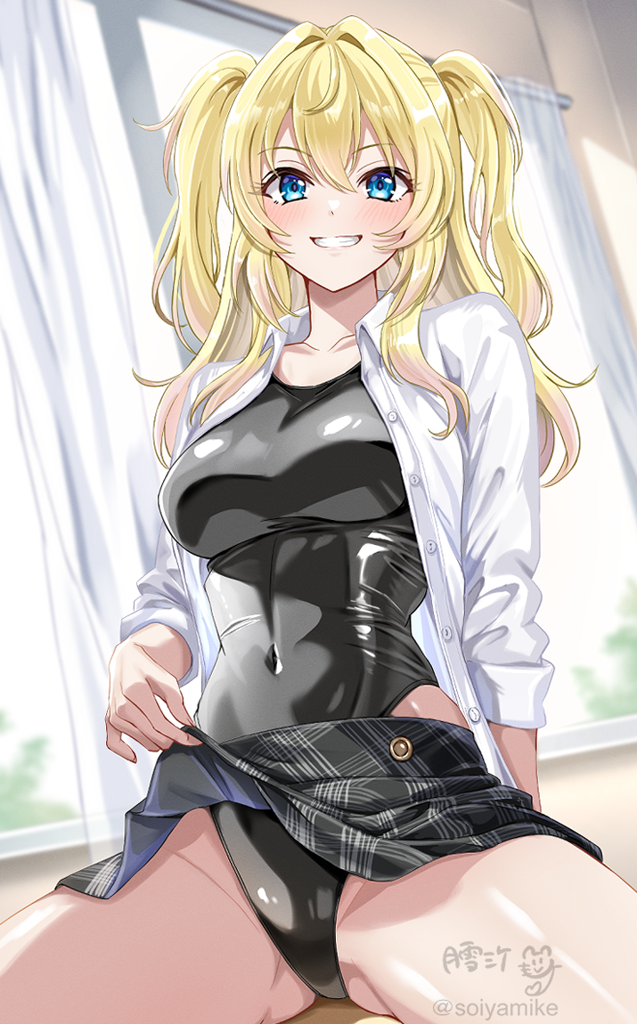 tsukiyuki mike, original, commentary request, 1girl, black one-piece swimsuit, black skirt, blonde hair, blue eyes, breasts, clothes lift, collared shirt, competition swimsuit, covered navel, dress shirt, grin, highleg, highleg one-piece swimsuit, long hair, medium breasts, one-piece swimsuit, open clothes, open shirt, plaid clothes, plaid skirt, pleated skirt, shirt, skirt, skirt lift, smile, solo, spread legs, swimsuit, swimsuit under clothes, two side up, watermark, white shirt, window