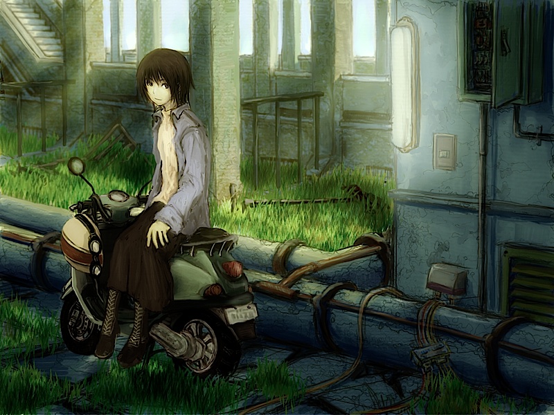 yoshidaworks, bad id, bad pixiv id, 1girl, brown eyes, brown hair, female focus, full body, goggles, grass, helmet, jacket, motor vehicle, nature, outdoors, scooter, short hair, sitting, solo, stairs