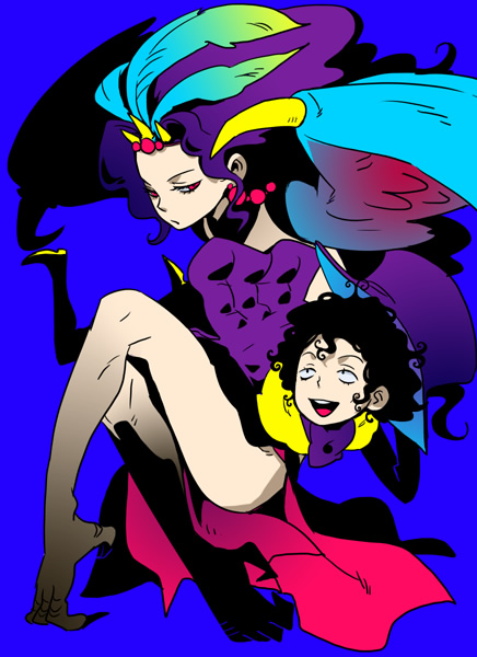 katori, katori (katokichi), kars (jojo), magenta magenta, jojo no kimyou na bouken, steel ball run, 2boys, black hair, claws, curly hair, earrings, feathers, hat, headdress, jewelry, long hair, male focus, multiple boys, purple hair, red eyes, top hat, wings