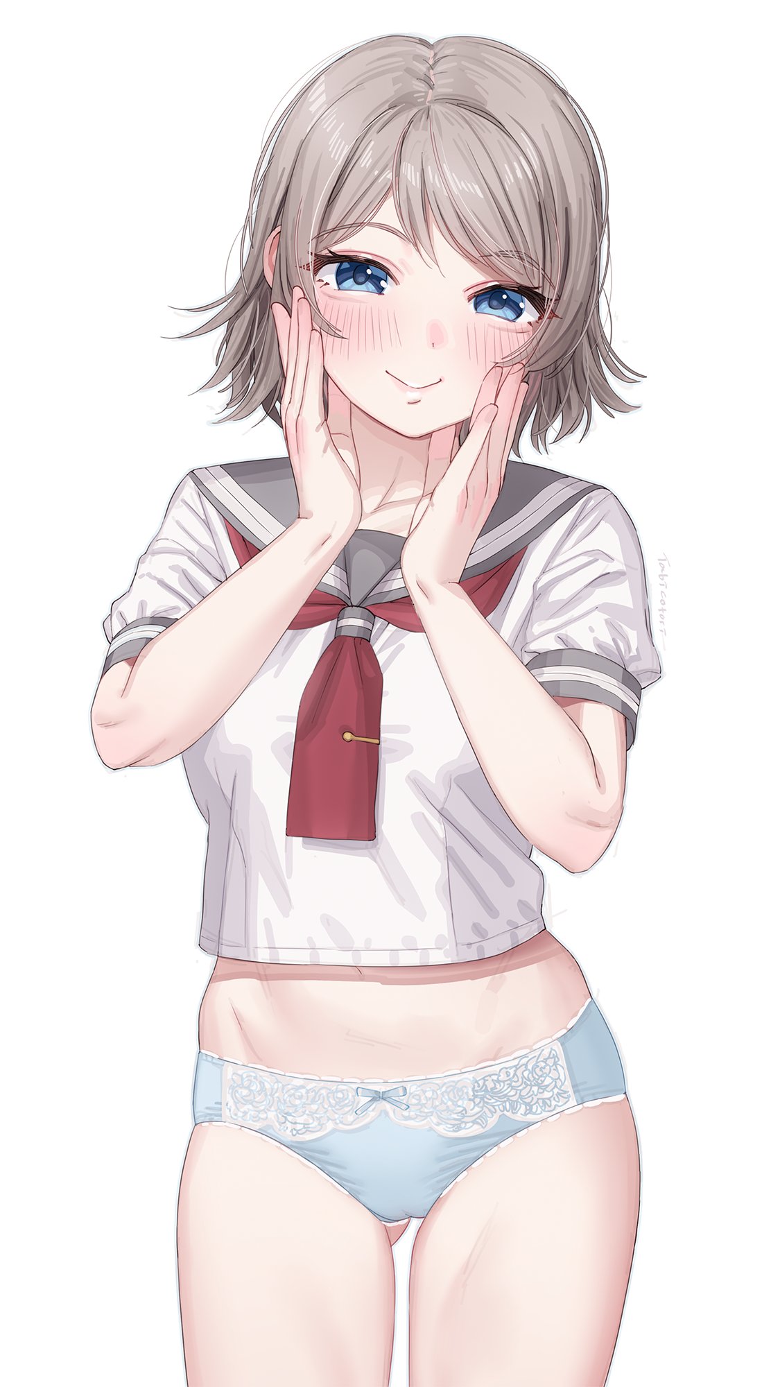 yonsi, watanabe you, love live!, love live! sunshine!!, highres, 1girl, blue eyes, blue panties, blush, breasts, brown hair, cameltoe, dot nose, gluteal fold, grey hair, grey sailor collar, hand on own ear, hands on own face, hands up, head tilt, lace, lace trim, looking at viewer, medium breasts, midriff, navel, neckerchief, necktie, panties, red neckerchief, sailor collar, school uniform, serafuku, short hair, simple background, sleeve cuffs, smile, solo, stomach, thighs, tie clip, underwear, upper body, wavy hair, white background
