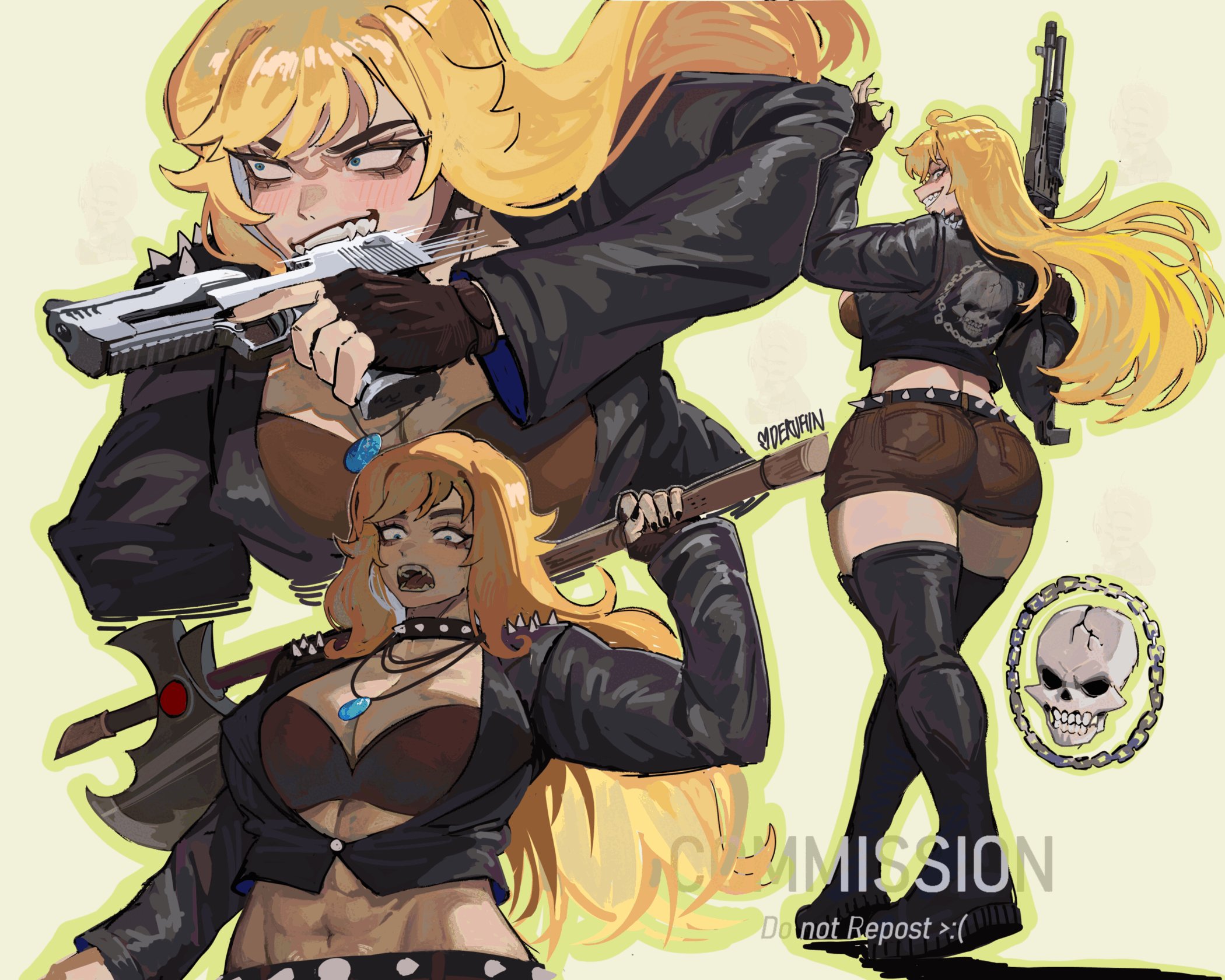 sadak0, original, commentary, highres, symbol-only commentary, 1girl, axe, black boots, black jacket, blonde hair, boots, brown shorts, choker, clenched teeth, grin, gun, gun in mouth, handgun, jacket, jewelry, long hair, midriff, necklace, projected inset, short shorts, shorts, smile, spiked belt, spiked choker, spiked jacket, spikes, standing, teeth, thigh boots, toned, weapon